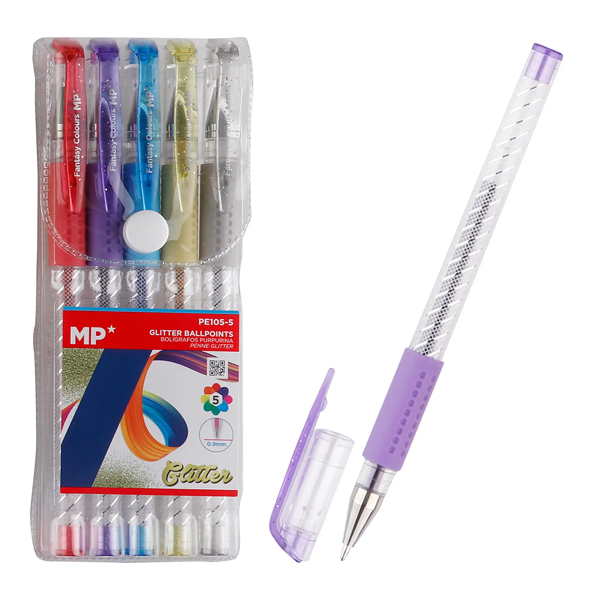 SET BOLÍGRAFOS PURPURINA CUERPO TRANSPARENTE 5 COLORES