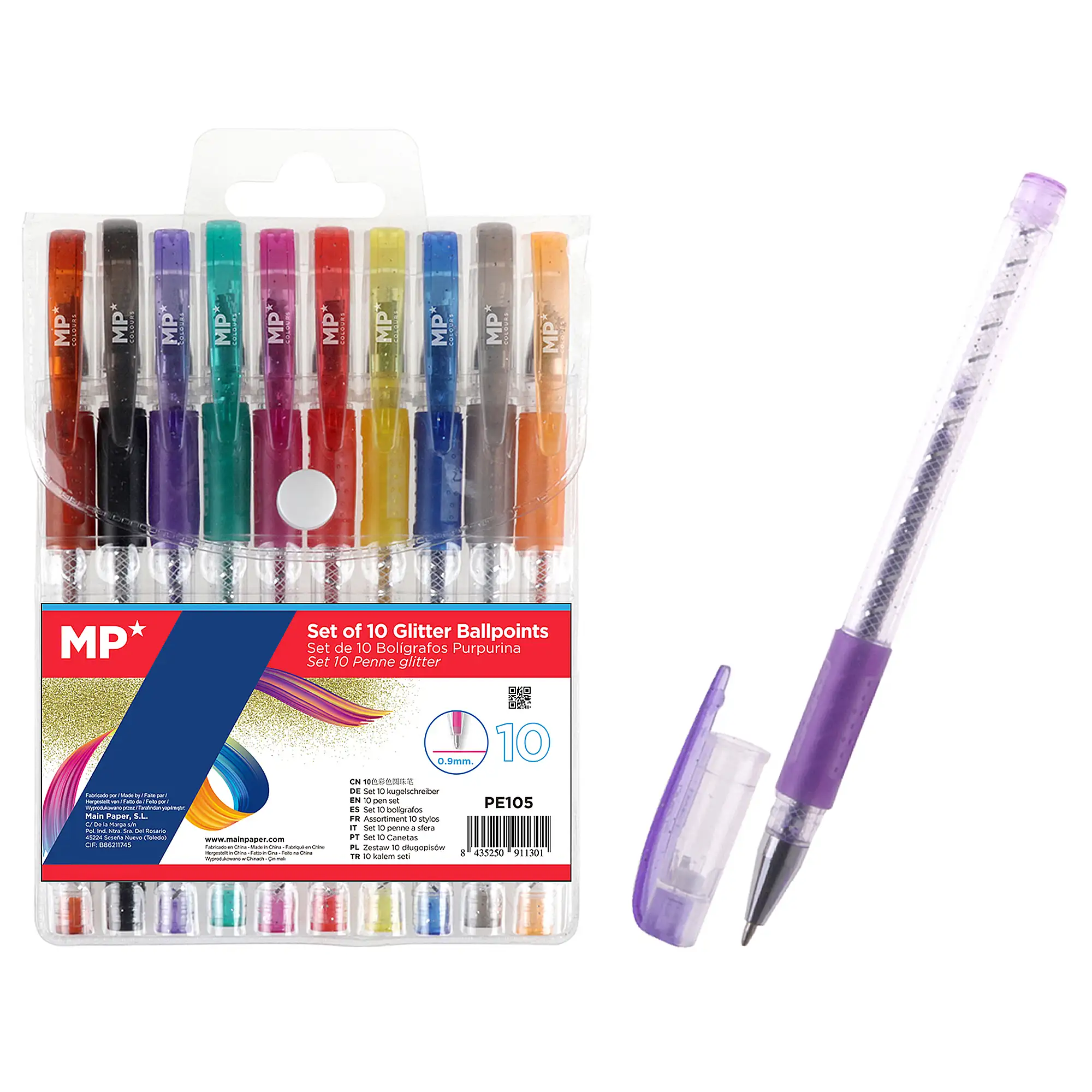 SET BOLÍGRAFOS PURPURINA CUERPO TRANSPARENTE 10 COLORES