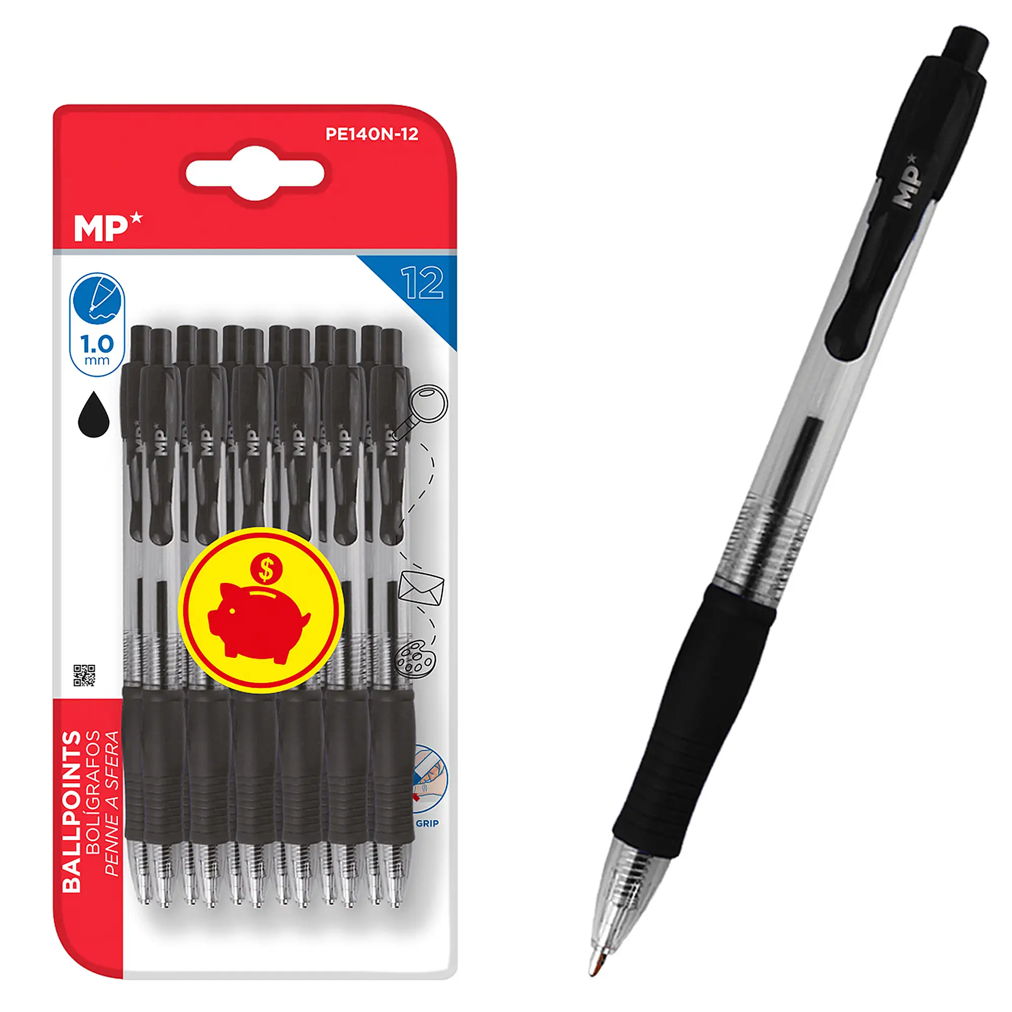 SET BOLÍGRAFOS NEGRO PUNTA 1.0 mm 12 Uds.