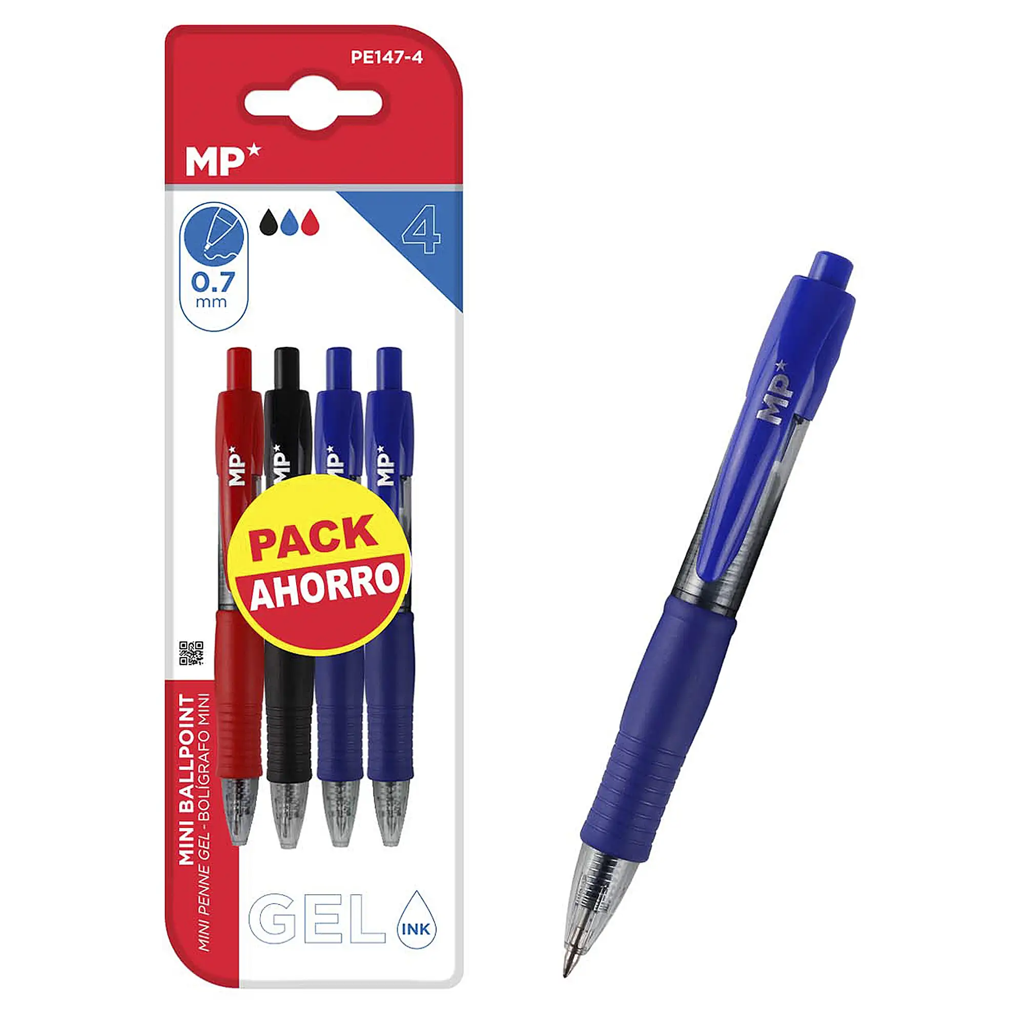 SET BOLÍGRAFOS GEL MINI PUNTA 0.7 mm 4 Uds. 2 azules, rojo y negro.
