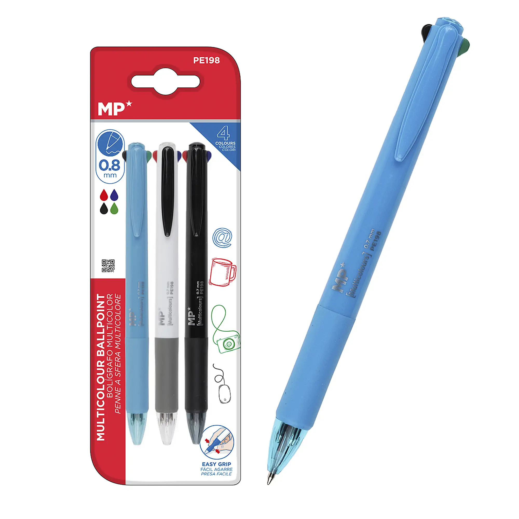 12 PACKS BOLÍGRAFO 4 COLORES 3 Uds. Cuerpo azul, negro y blanco.