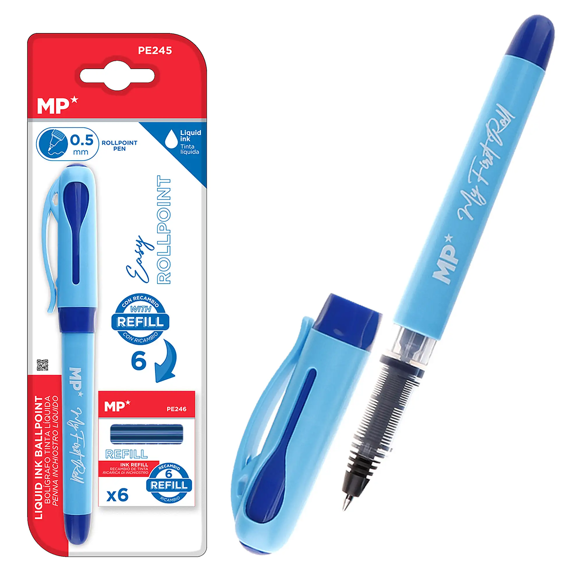 PACK 12 BOLÍGRAFOS TINTA LÍQUIDA PUNTA BALL AZUL CON 6 Recambios.
