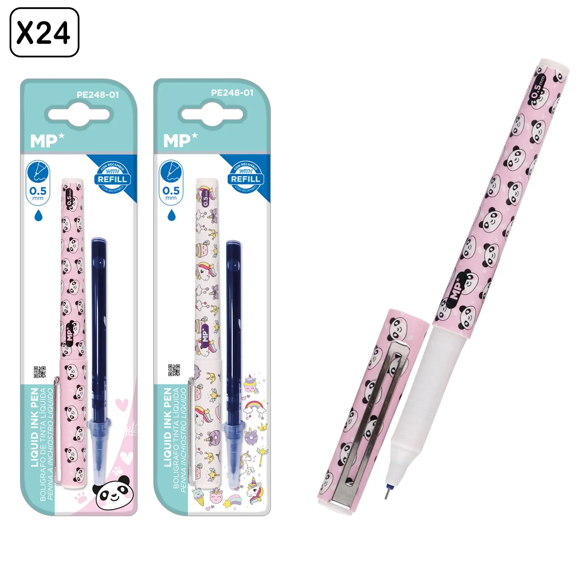 PACK 24 Uds. BOLÍGRAFO TINTA LÍQUIDA PUNTA CON RECAMBIO 0,5 mm. DISEÑO PANDA Y UNICORNIO.