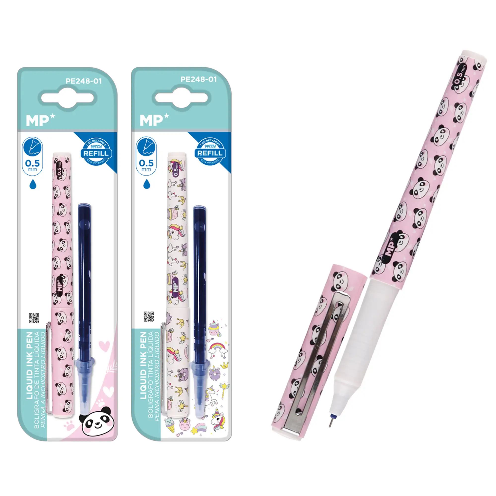 PACK 24 Uds. BOLÍGRAFO TINTA LÍQUIDA PUNTA CON RECAMBIO 0,5 mm. DISEÑO PANDA Y UNICORNIO.