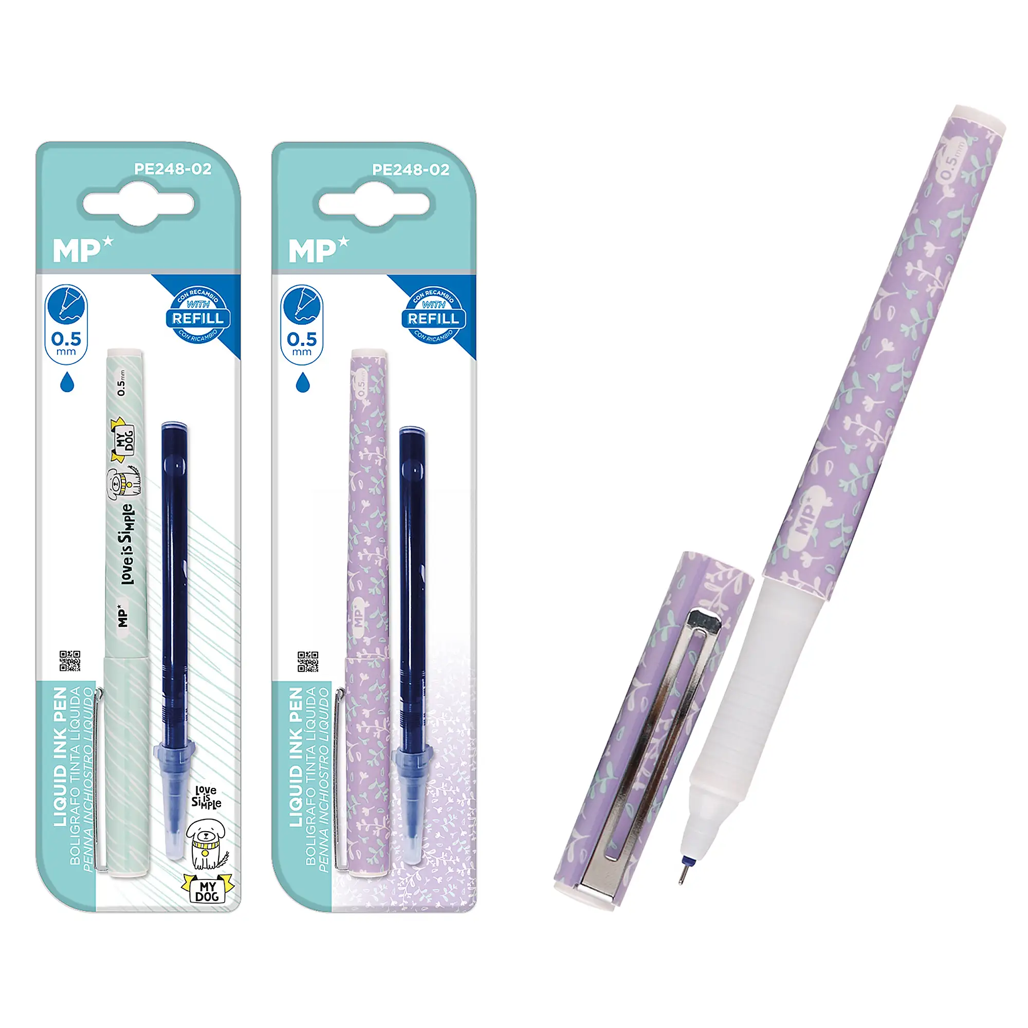 PACK 24 Uds. BOLÍGRAFO TINTA LÍQUIDA PUNTA CON RECAMBIO 0,5 mm. DISEÑO PERRO Y HOJAS.