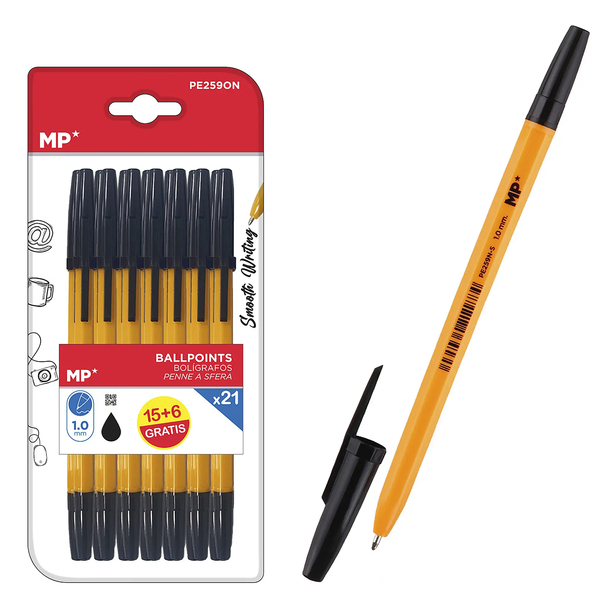  SET BOLÍGRAFOS NEGRO SOFT PUNTA 1.0 mm 21 Uds.