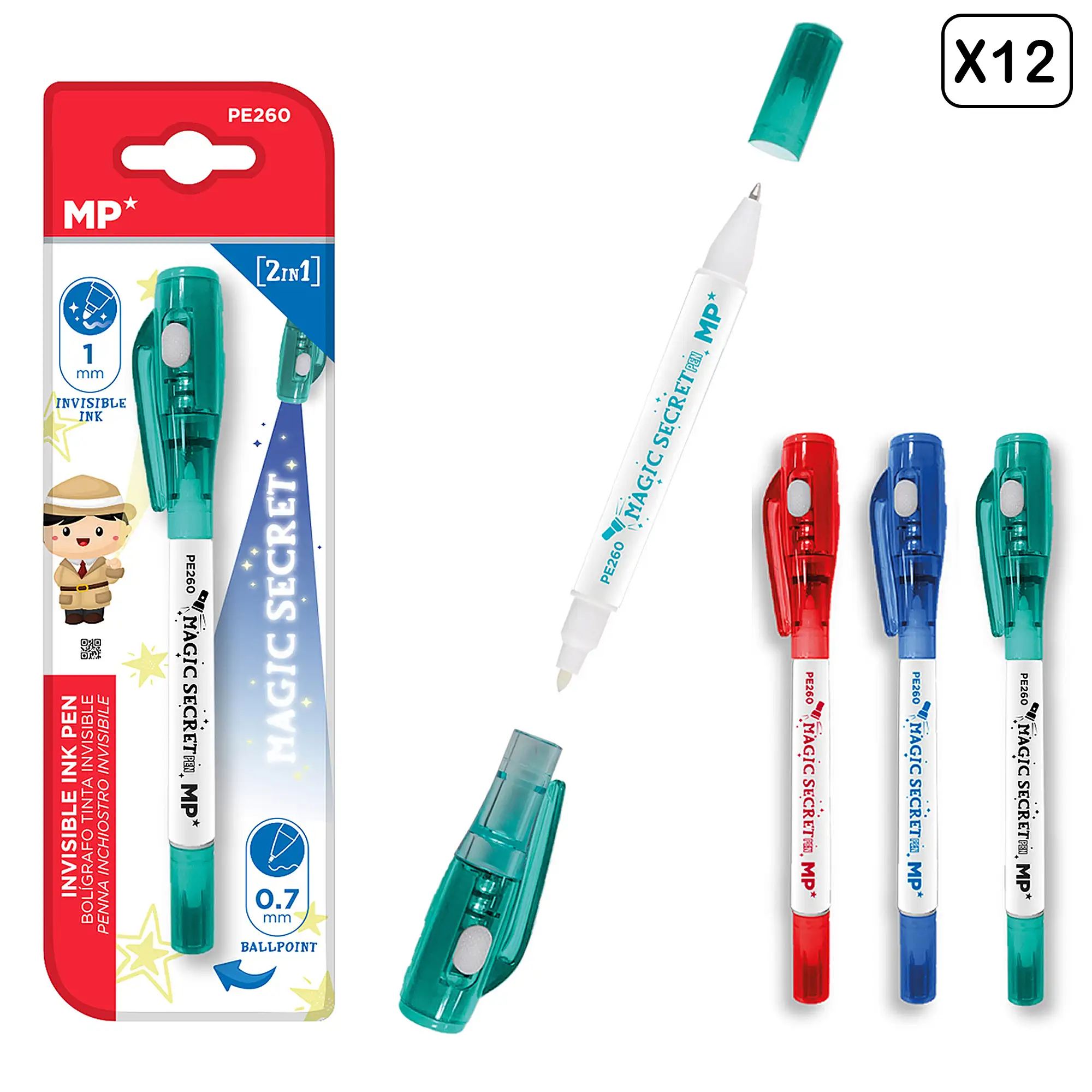 PACK 12 Uds. BOLÍGRAFO TINTA INVISIBLE MAGIC SECRET 2 EN 1