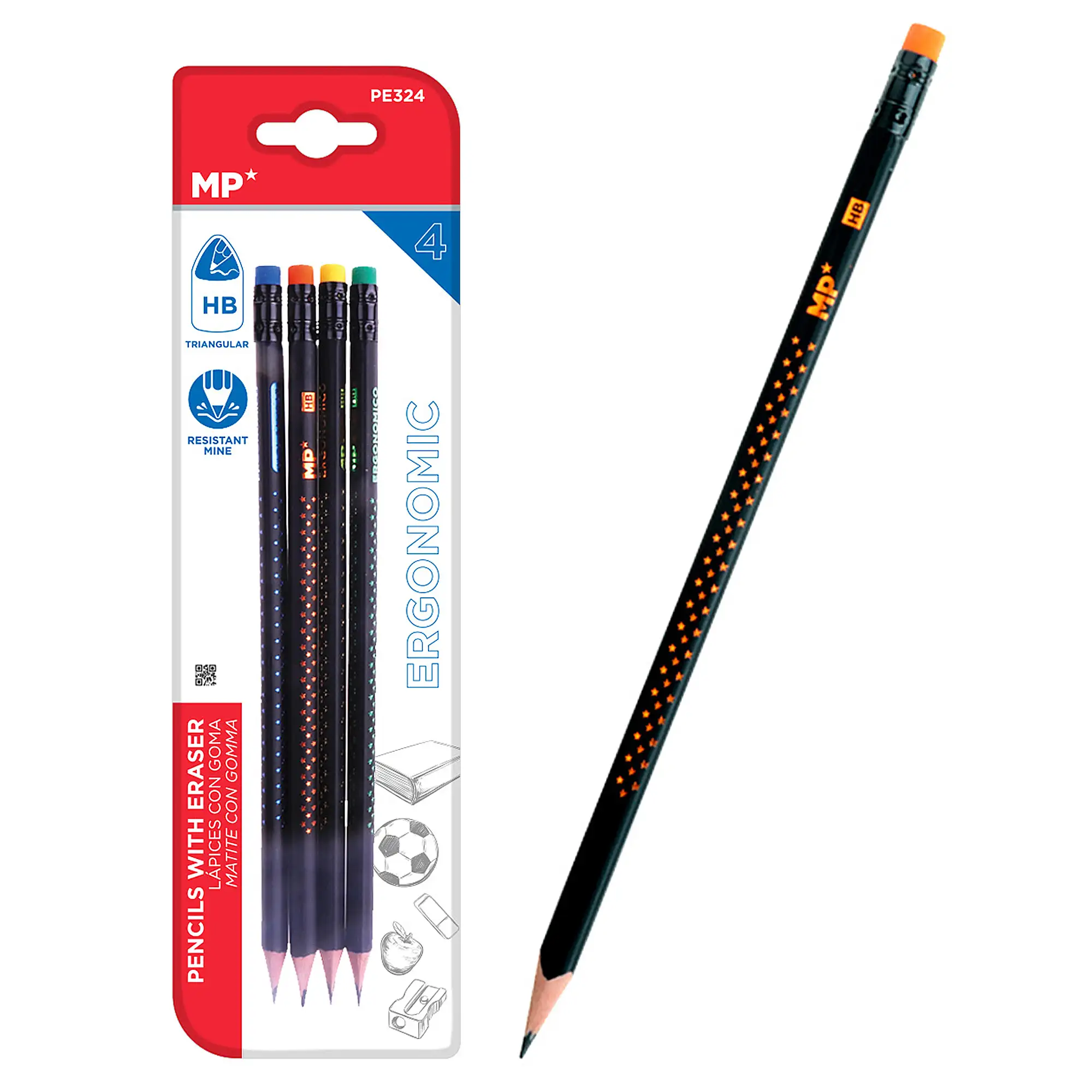 SET 4 PIEZAS HB LÁPICES ERGONÓMICO ALTA CALIDAD CON GOMA