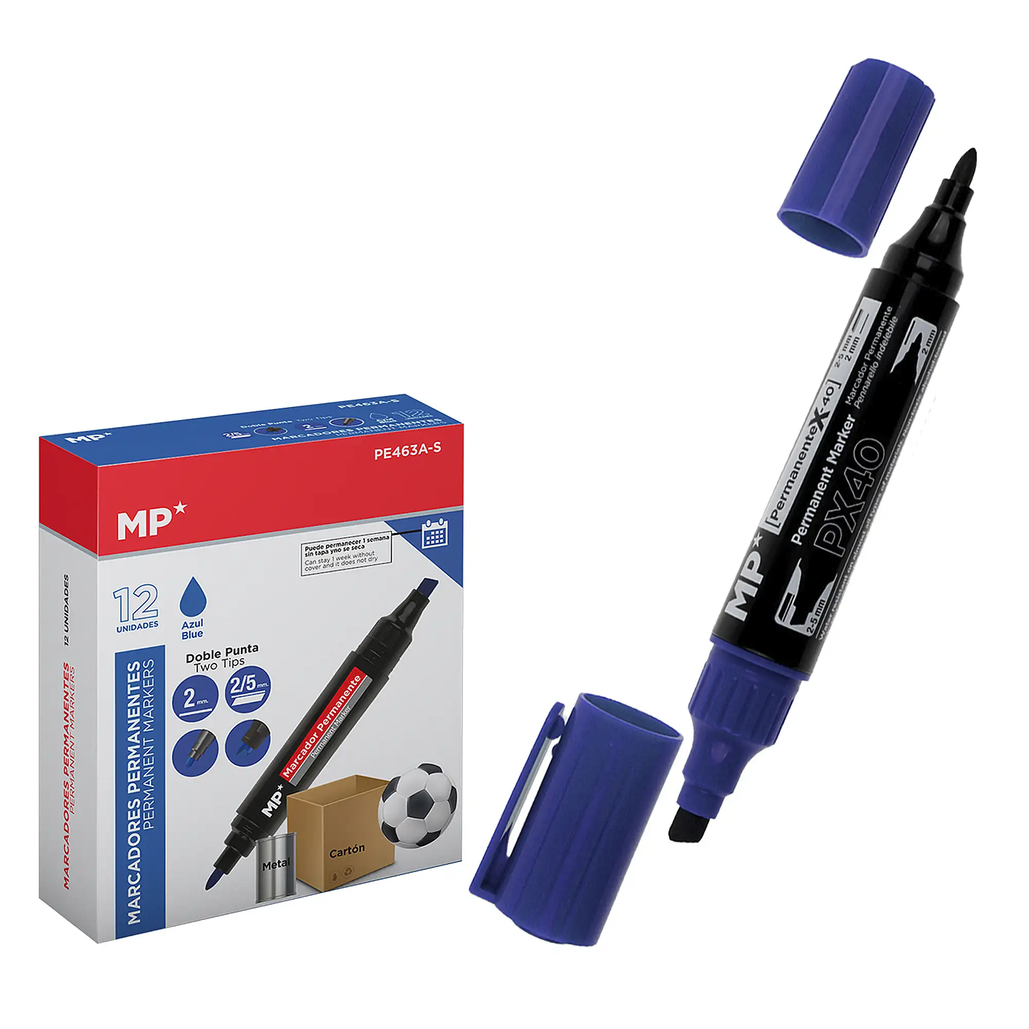 PACK 12 MARCADORES PERMANENTE DOBLE PUNTA AZUL