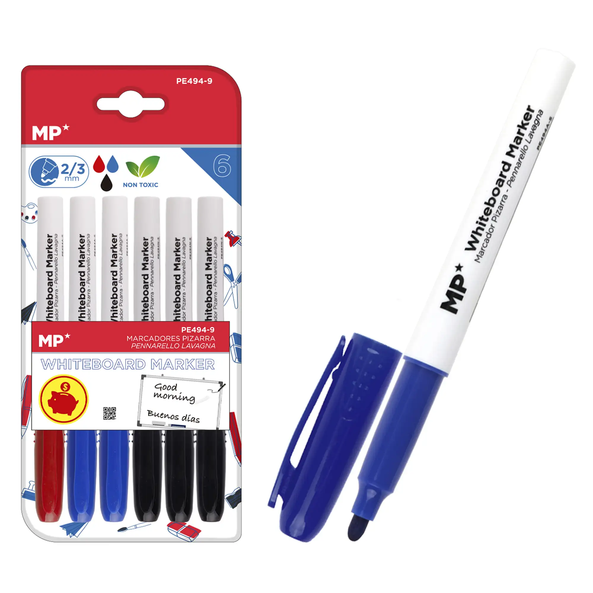SET MARCADOR DE PIZARRA 6 Uds. COLORES VARIADOS. 3 negros, 2 azules y uno rojo.