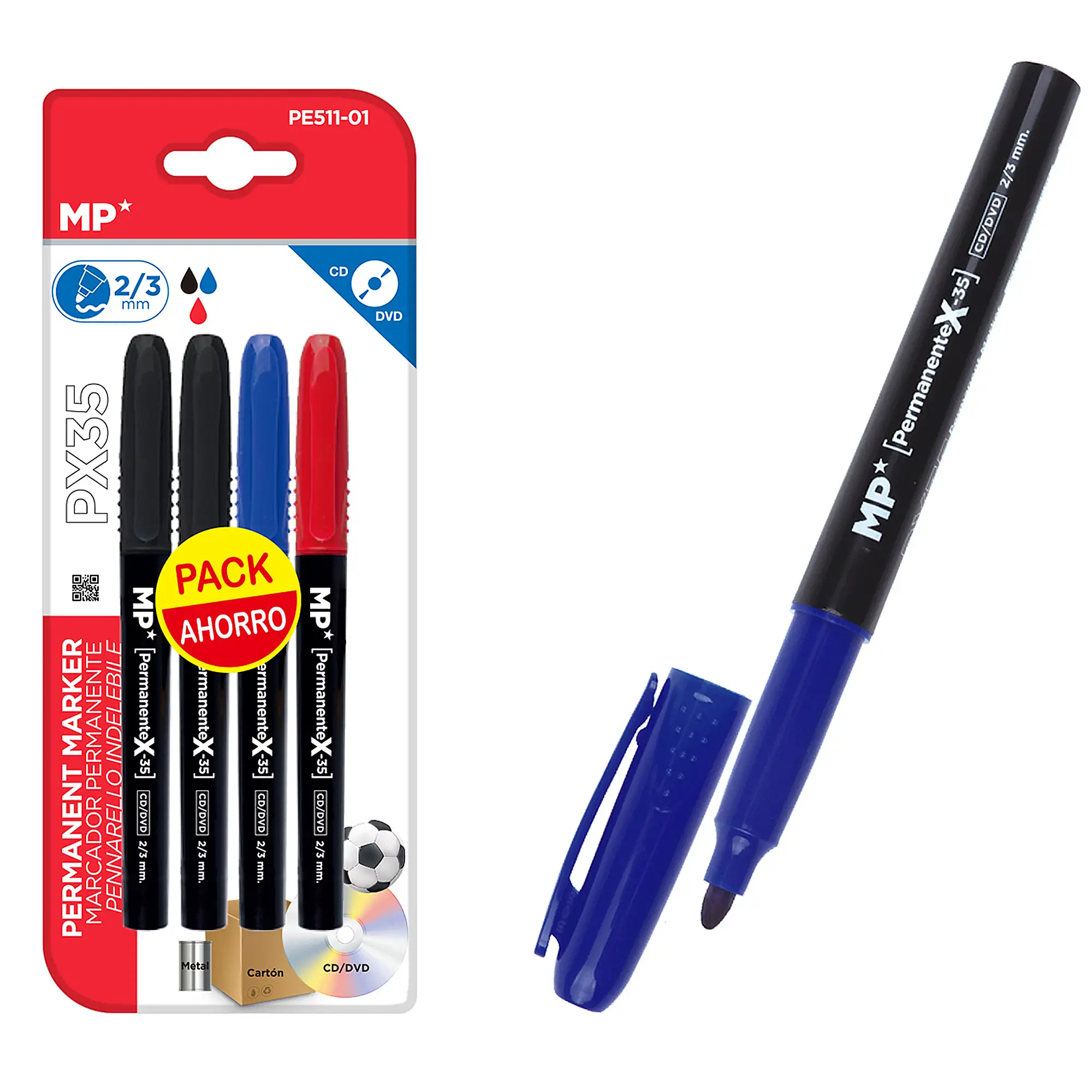 MARCADOR PERMANENTE 4 Uds. 2 negro, 1 rojo y 1 azul. PACK AHORRO