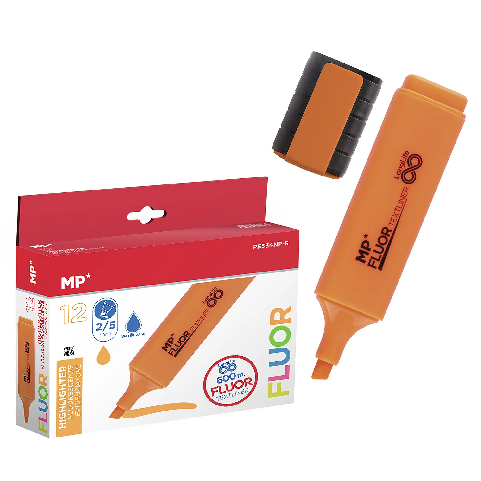 PACK 12 MARCADORES LONG LIFE FLUORESCENTE NARANJA