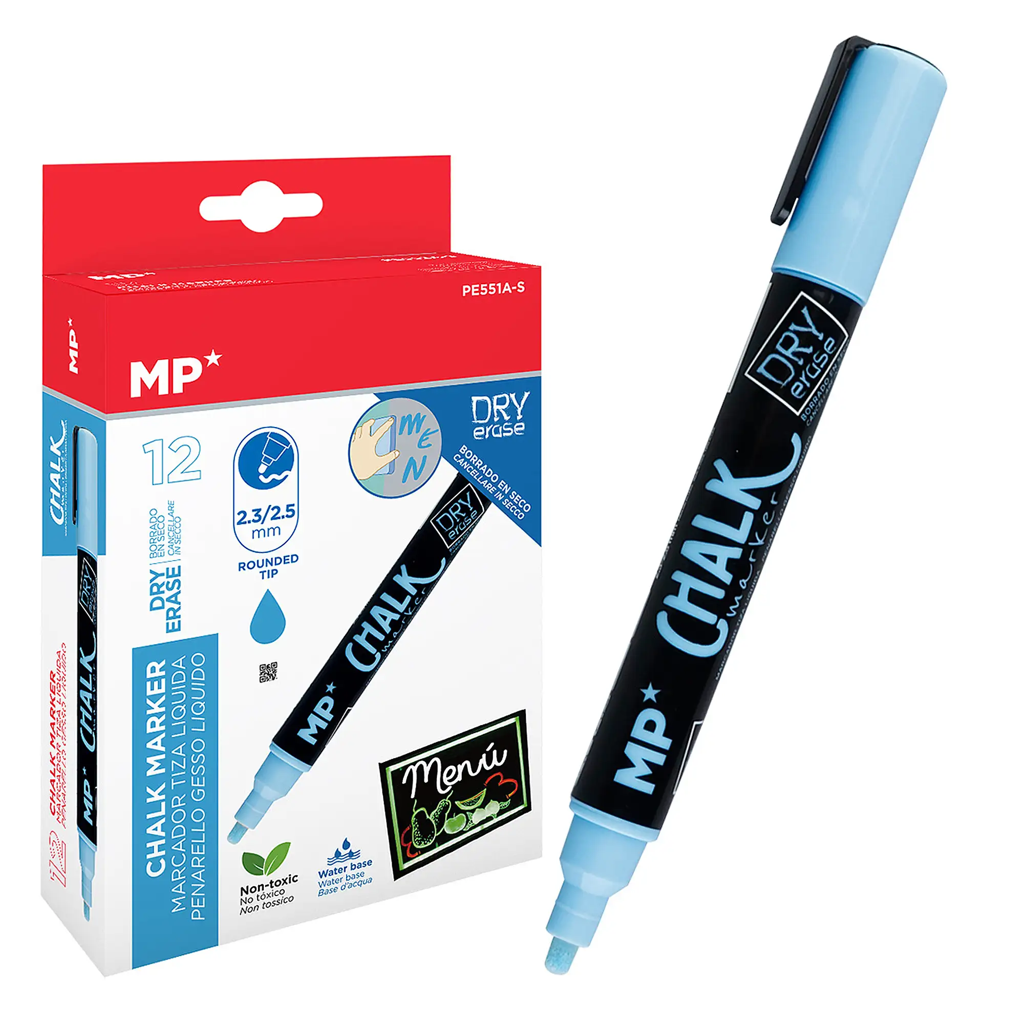 PACK 12 MARCADORES TIZA LÍQUIDA LIMPIEZA EN SECO AZUL