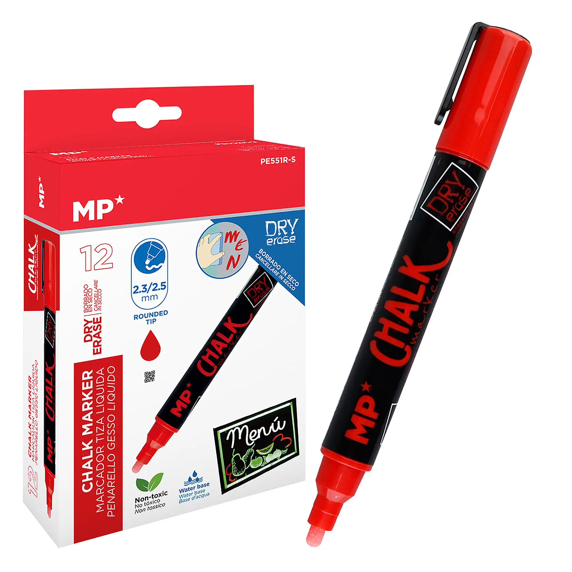 PACK 12 MARCADORES TIZA LÍQUIDA LIMPIEZA EN SECO ROJO