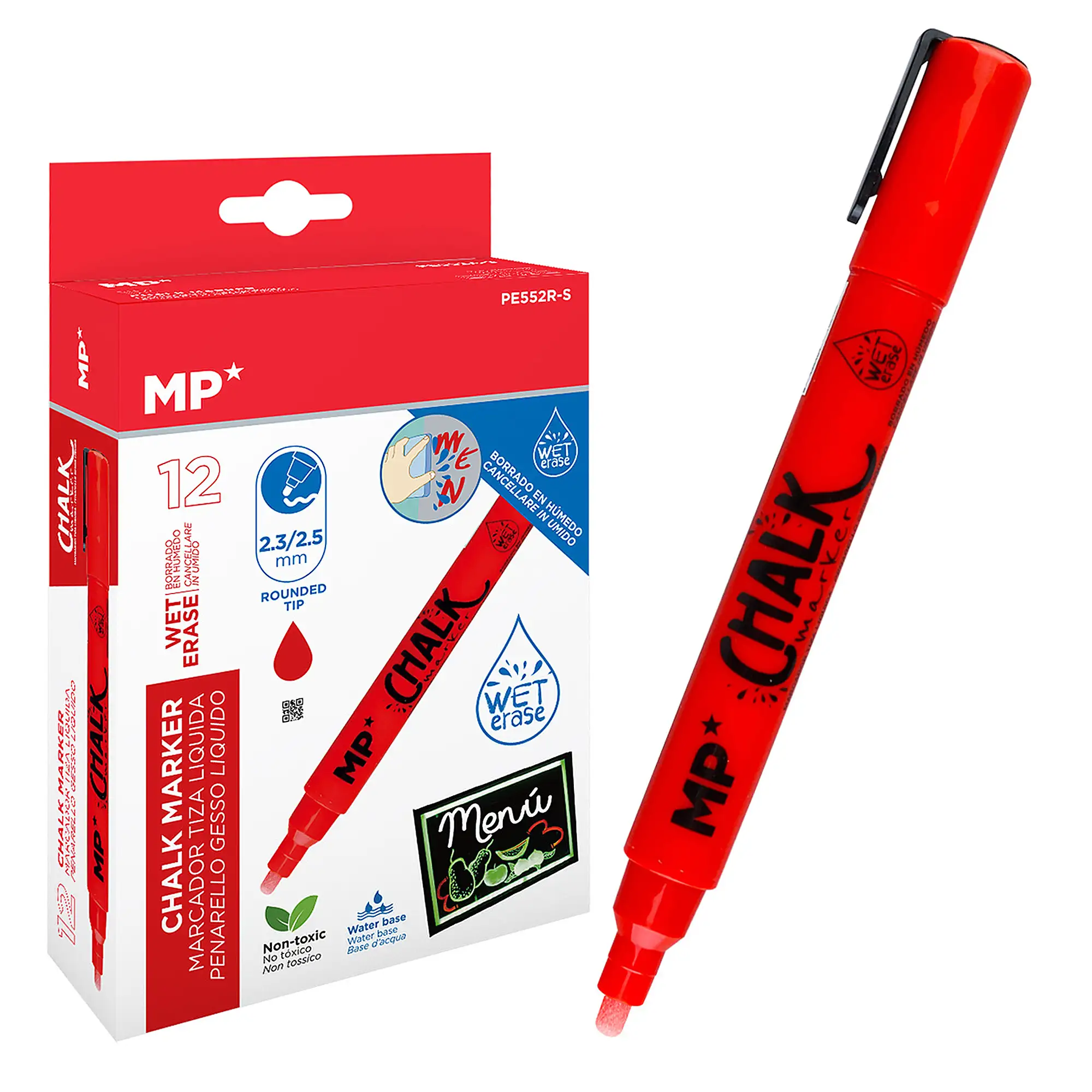 PACK 12 MARCADORES TIZA LÍQUIDA LIMPIEZA EN HÚMEDO ROJO