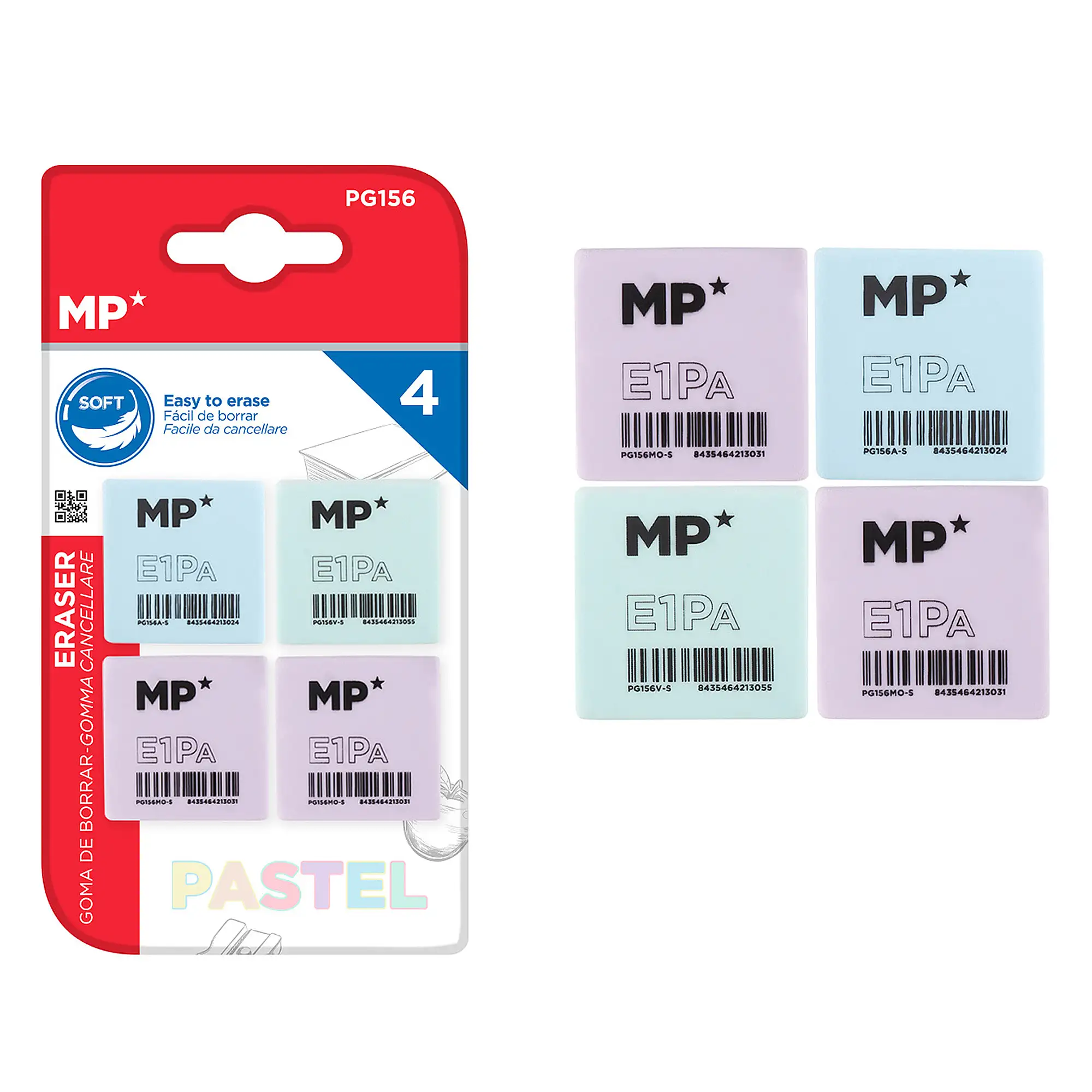 SET 4 Uds. GOMA DE BORRAR PASTEL 28 x 28 x 12 mm
