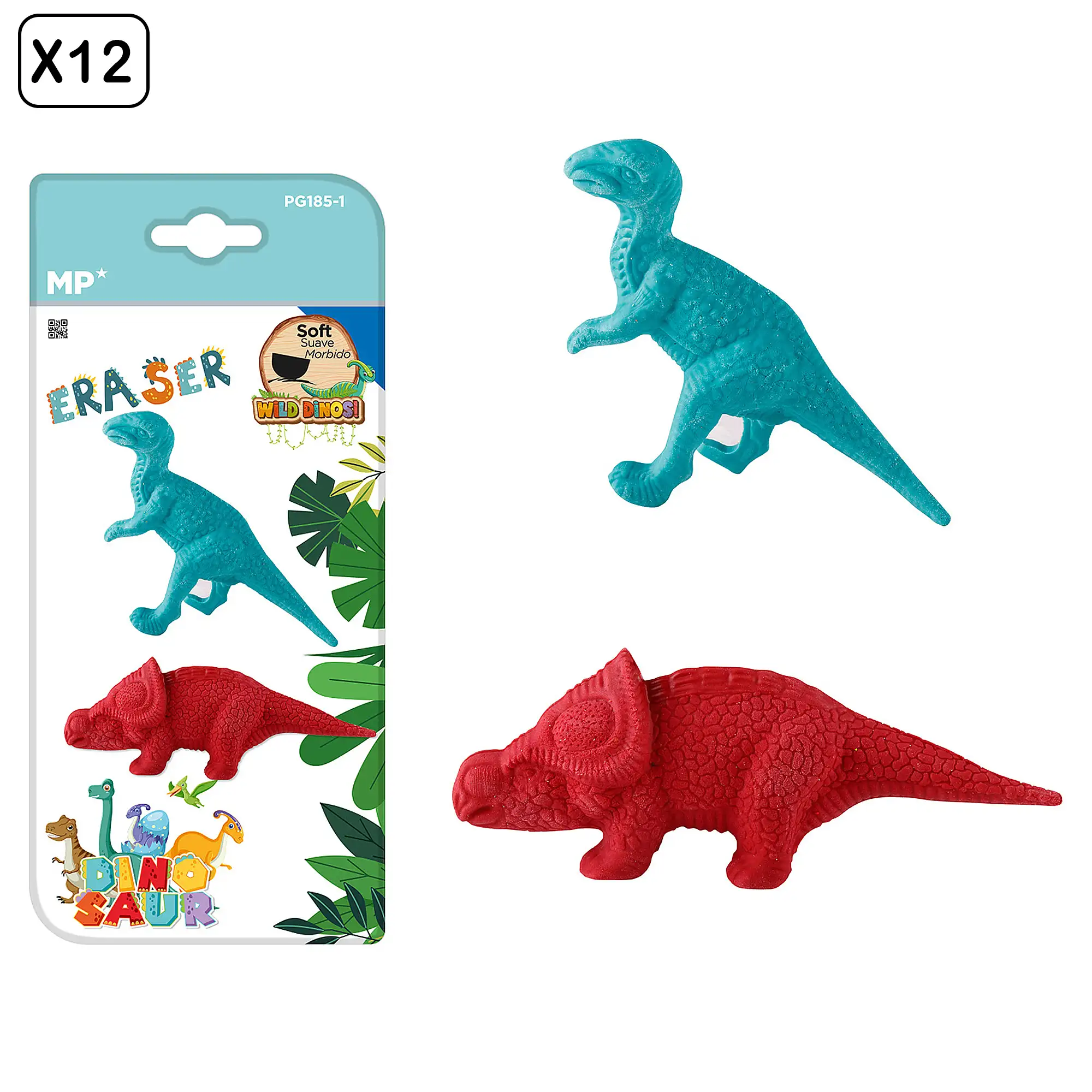 12 PACKS DE BORRADOR DE COLOR DINOSAURIO 2 Uds. VELOCIRAPTOR Y PROTOCERATOPS.