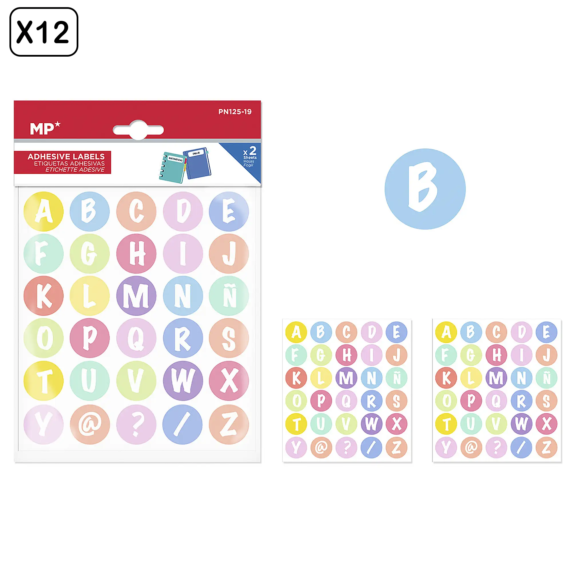 PACK 24 UNIDADES ETIQUETAS ADHESIVAS PERSONALIZABLES DECORADAS DISEÑO ABECEDARIO (SET 2 UDS)