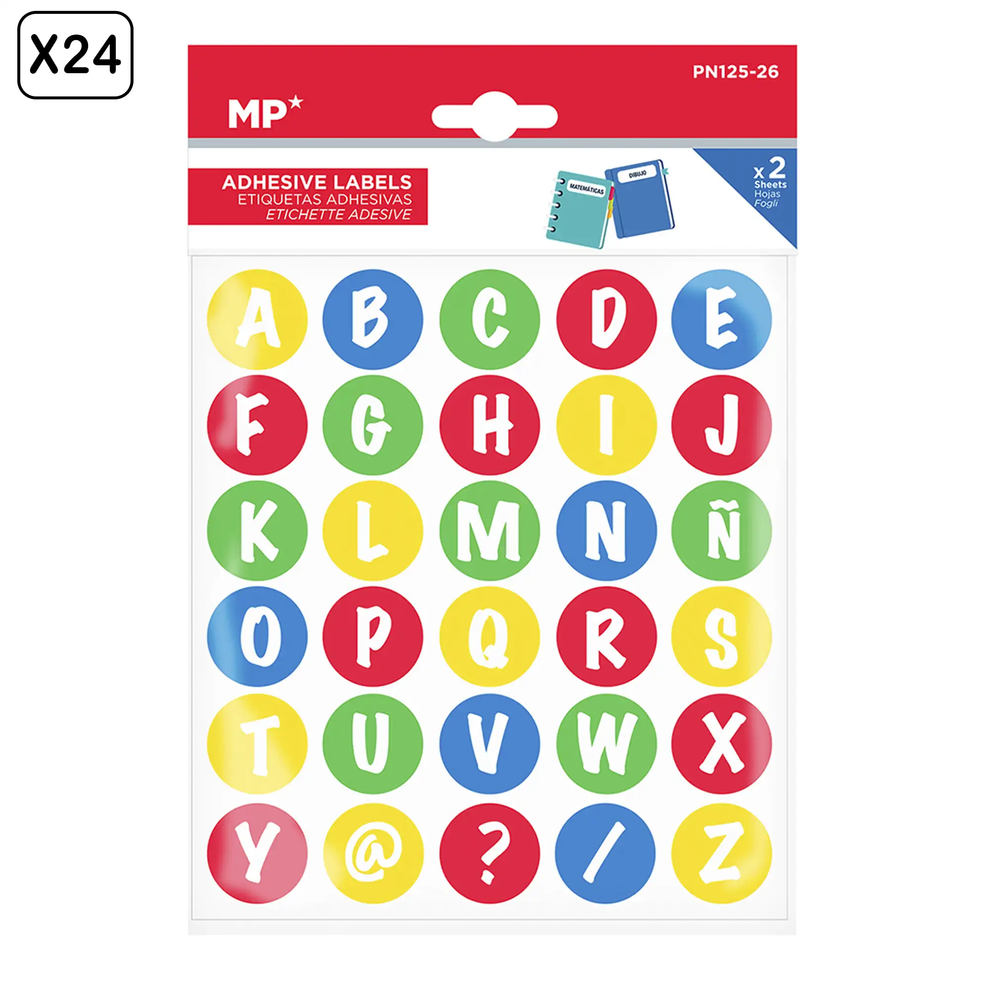 PACK 24 UNIDADES ETIQUETAS ADHESIVAS PERSONALIZABLES DECORADAS DISEÑO ABECEDARIO  (SET 2 UDS)