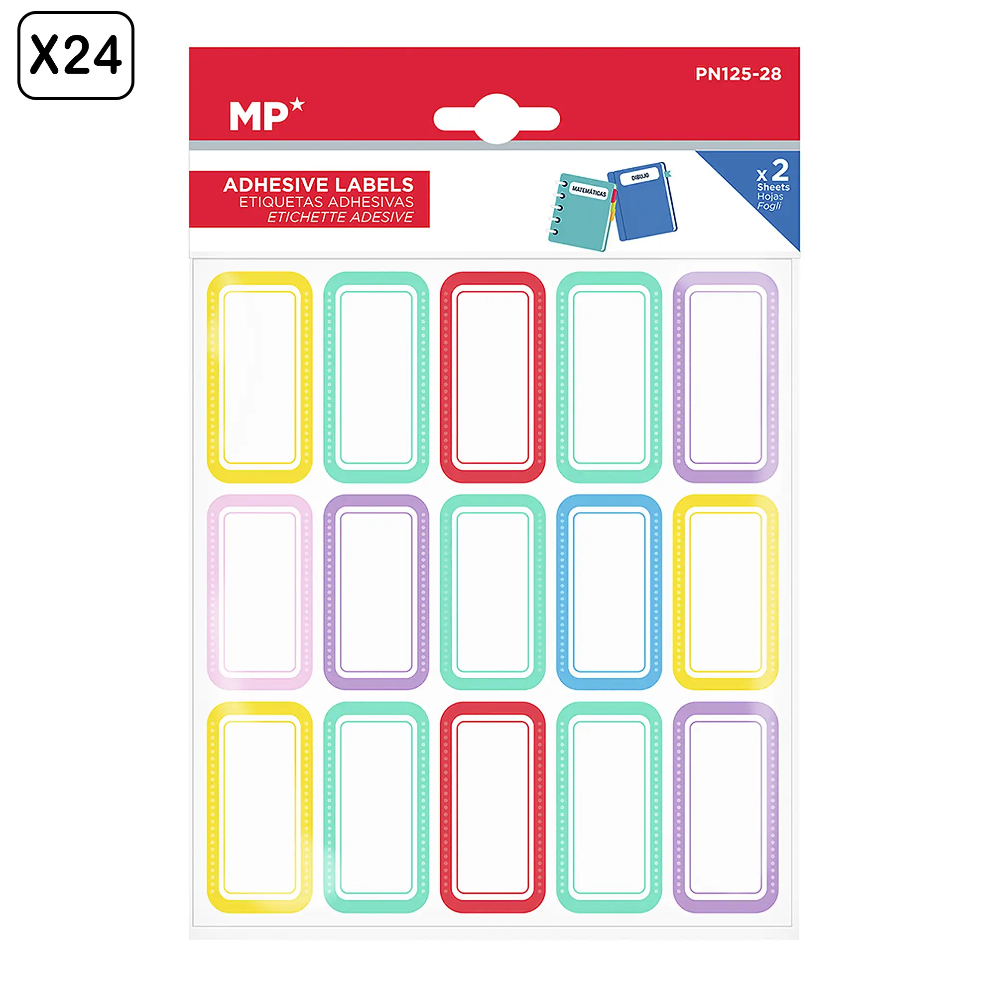 PACK 24 UNIDADES ETIQUETAS ADHESIVAS PERSONALIZABLES DECORADAS DISEÑO BLANCO CON MARCO DE COLOR  (SET 2 UDS)