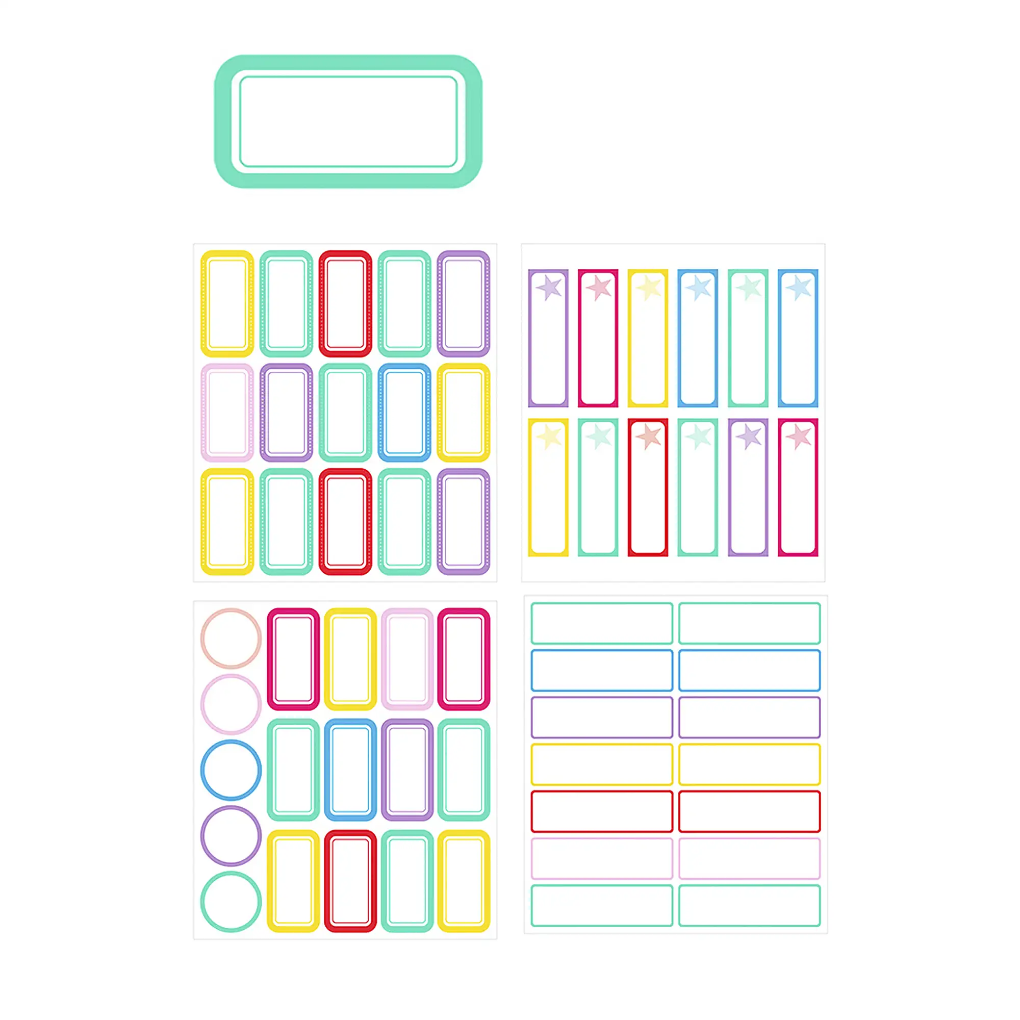 PACK 24 UNIDADES ETIQUETAS ADHESIVAS PERSONALIZABLES DECORADAS DISEÑO BLANCO CON MARCO DE COLOR  (SET 2 UDS)