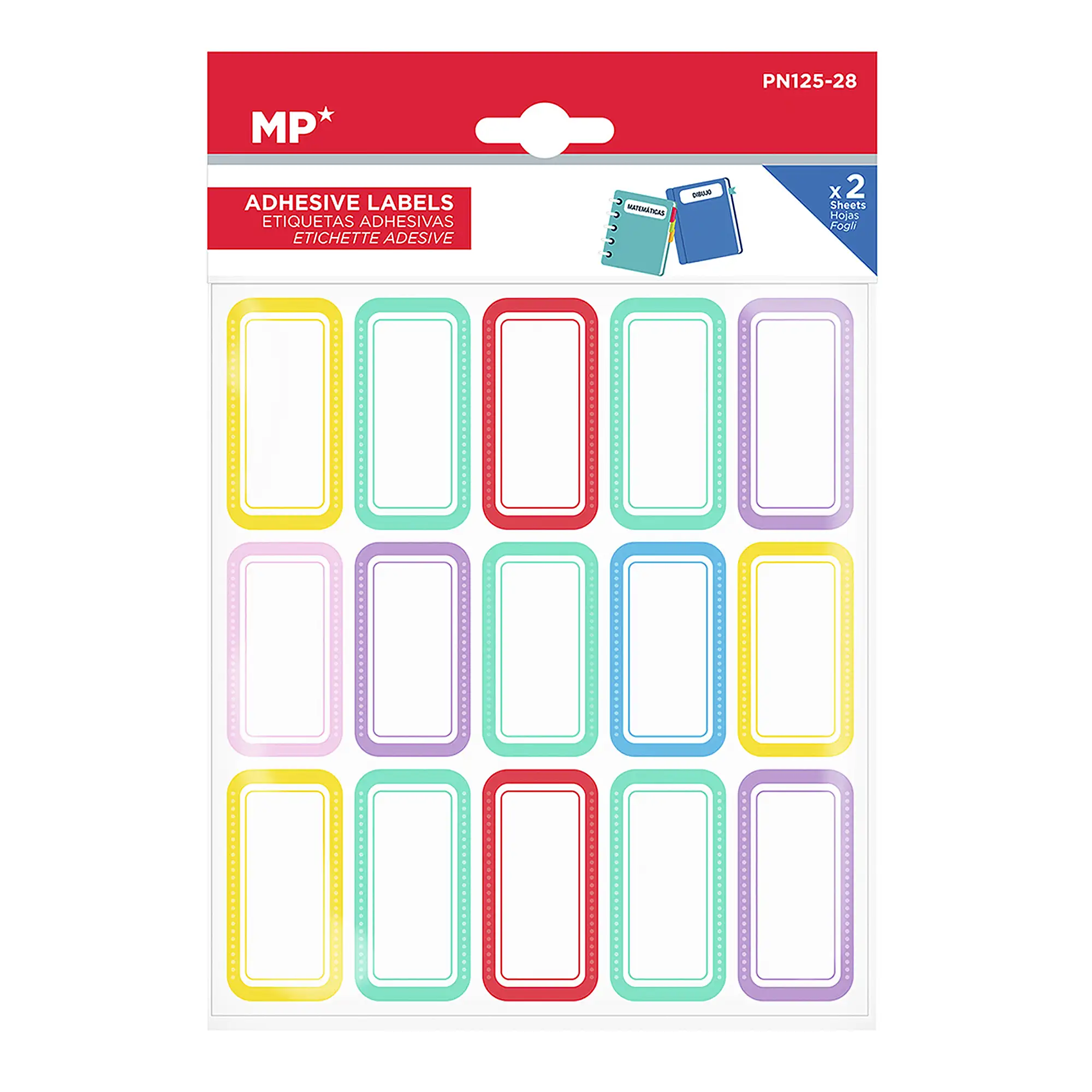 PACK 24 UNIDADES ETIQUETAS ADHESIVAS PERSONALIZABLES DECORADAS DISEÑO BLANCO CON MARCO DE COLOR  (SET 2 UDS)