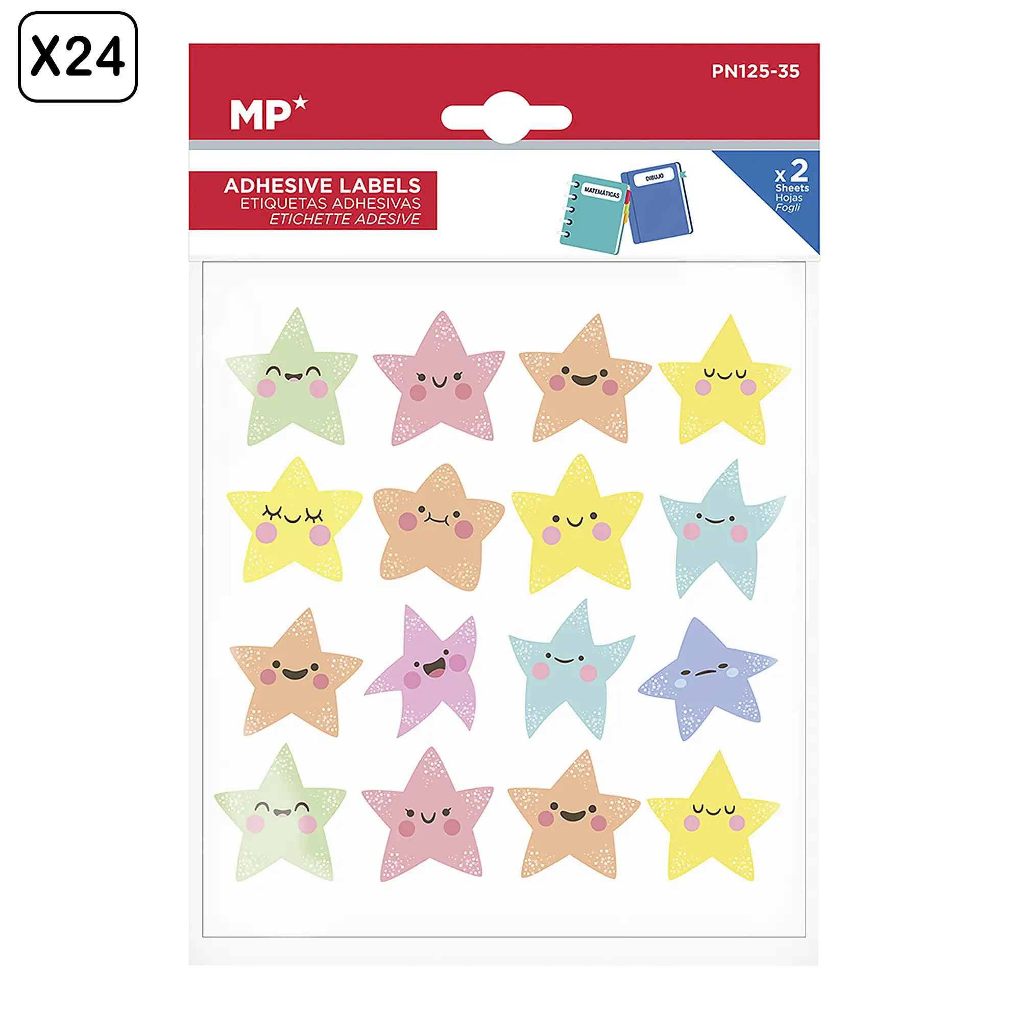 PACK 24 UNIDADES ETIQUETAS ADHESIVAS PERSONALIZABLES DECORADAS DISEÑO ESTRELLAS CON CARA  (SET 2 UDS)