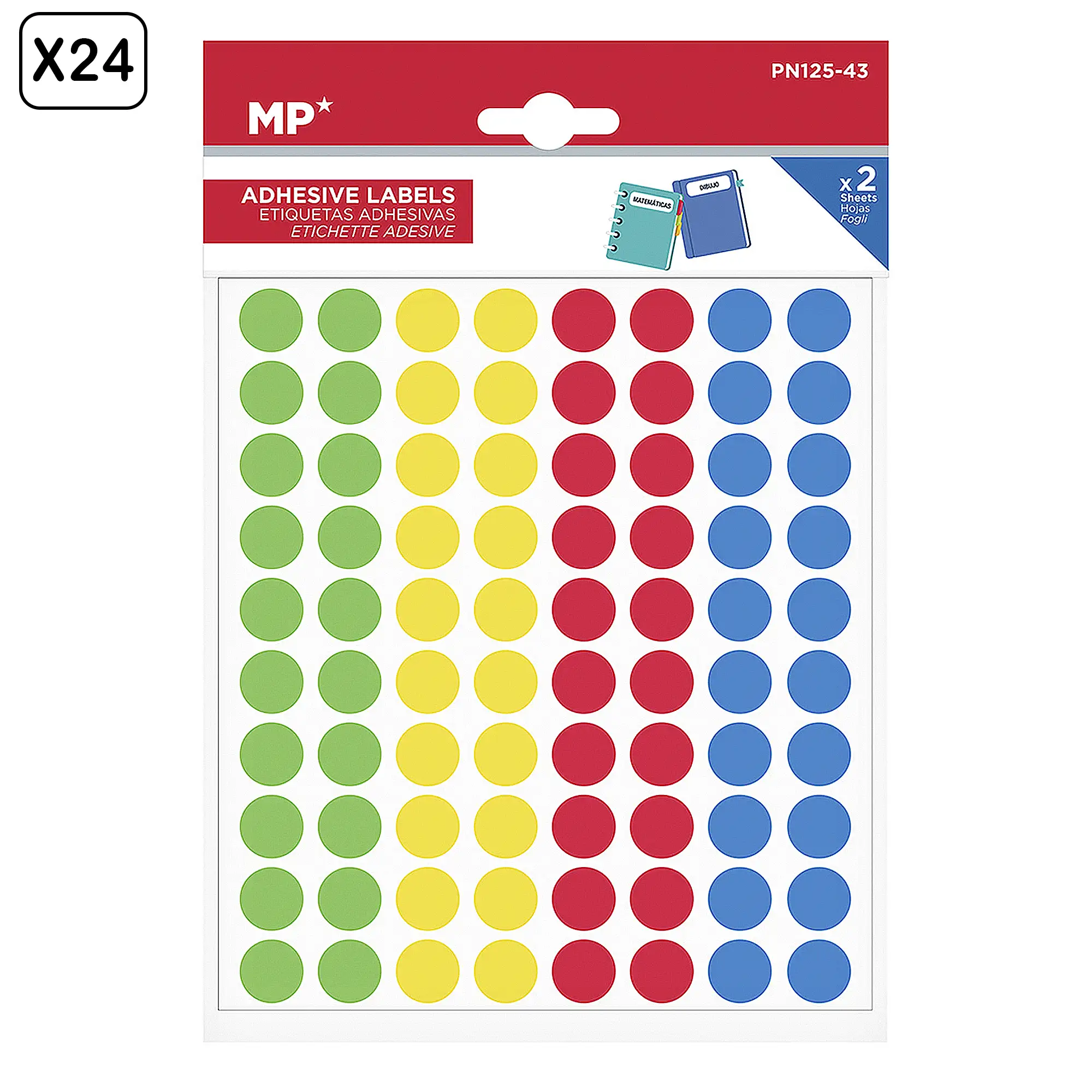 PACK 24 UNIDADES ETIQUETAS ADHESIVAS PERSONALIZABLES DECORADAS DISEÑO CÍRCULOS DE COLORES MEDIANOS  (SET 2 UDS)