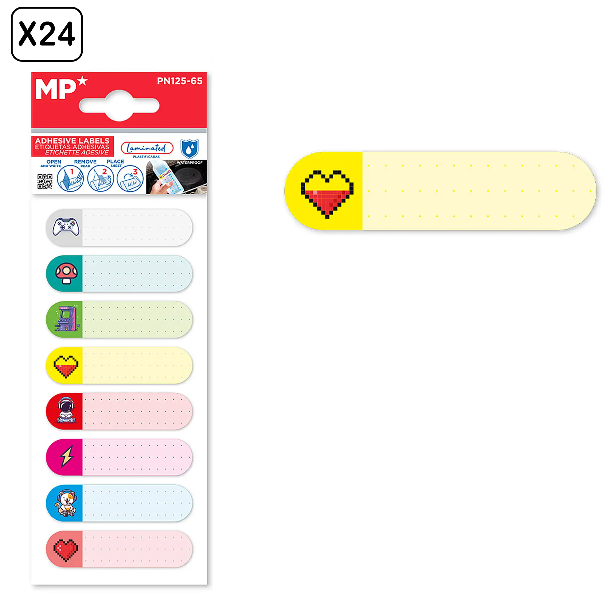 PACK 24 UNIDADES ETIQUETAS PLASTIFICADAS AUTOADHESIVAS DISEÑO ICONOS