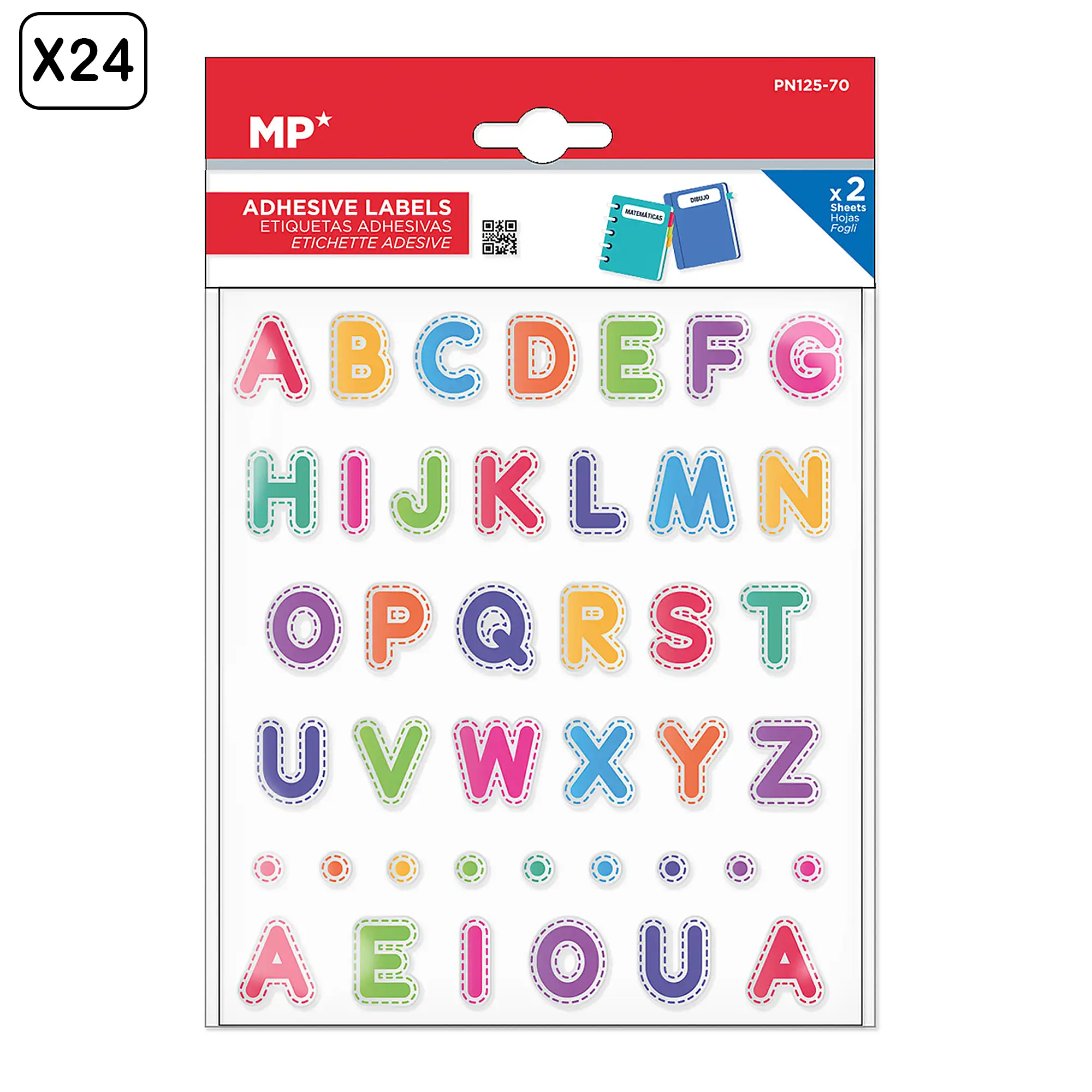 PACK 24 UNIDADES ETIQUETAS ADHESIVAS PERSONALIZABLES DECORADAS DISEÑO ABECEDARIO Y VOCALES