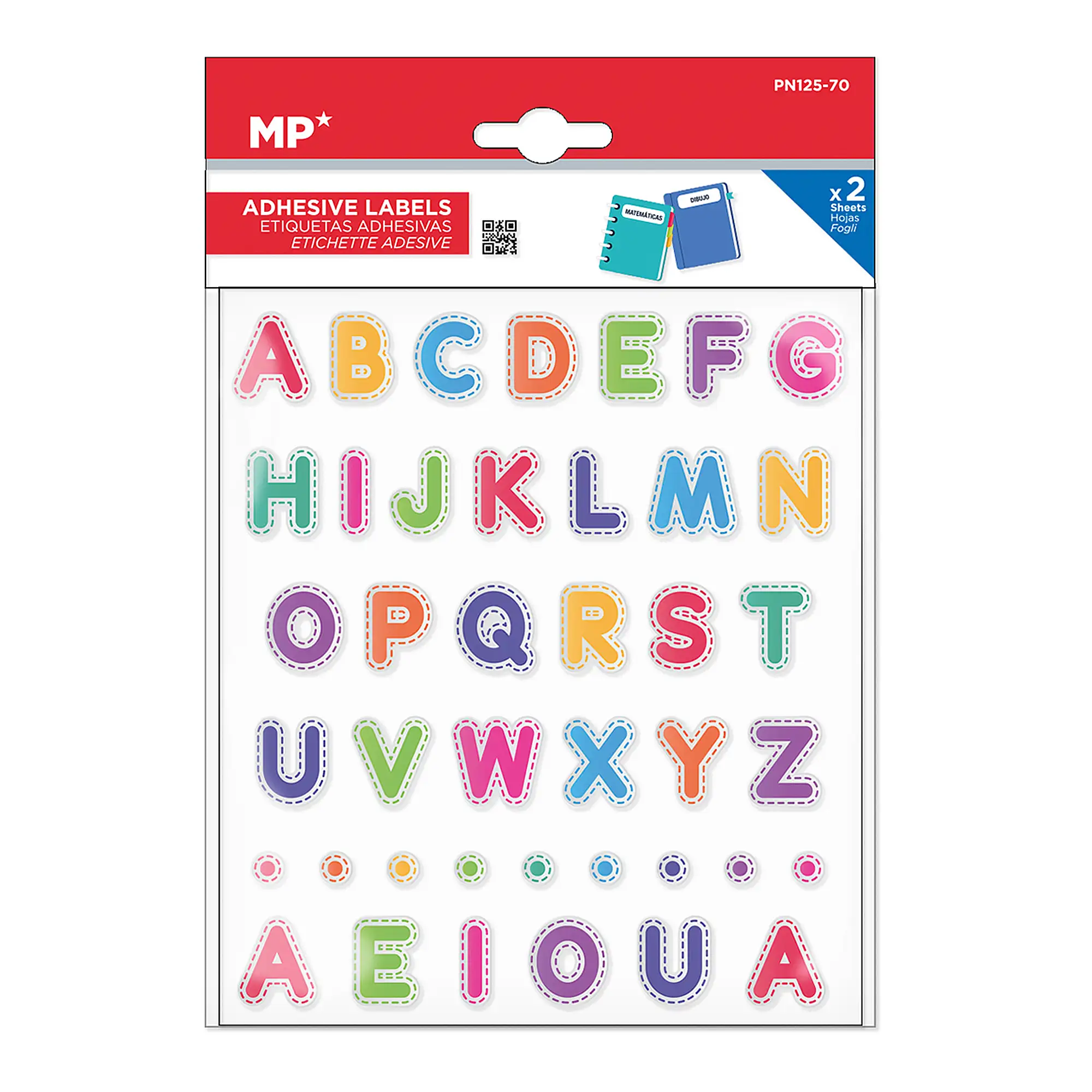 PACK 24 UNIDADES ETIQUETAS ADHESIVAS PERSONALIZABLES DECORADAS DISEÑO ABECEDARIO Y VOCALES
