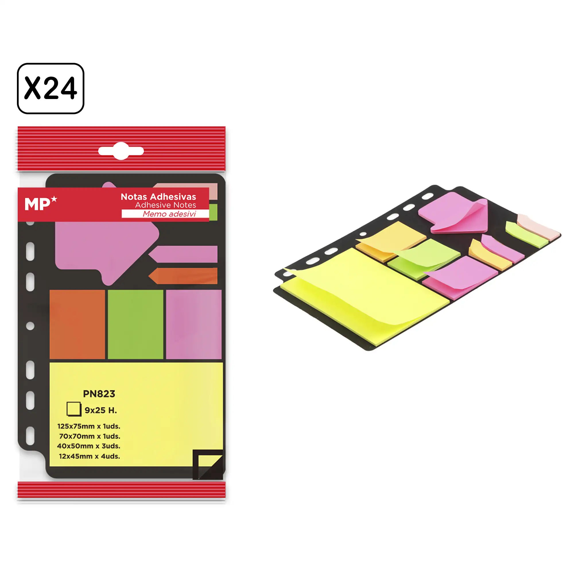 PACK 24 UNIDADES NOTAS ADHESIVAS 9 x 25 HOJAS