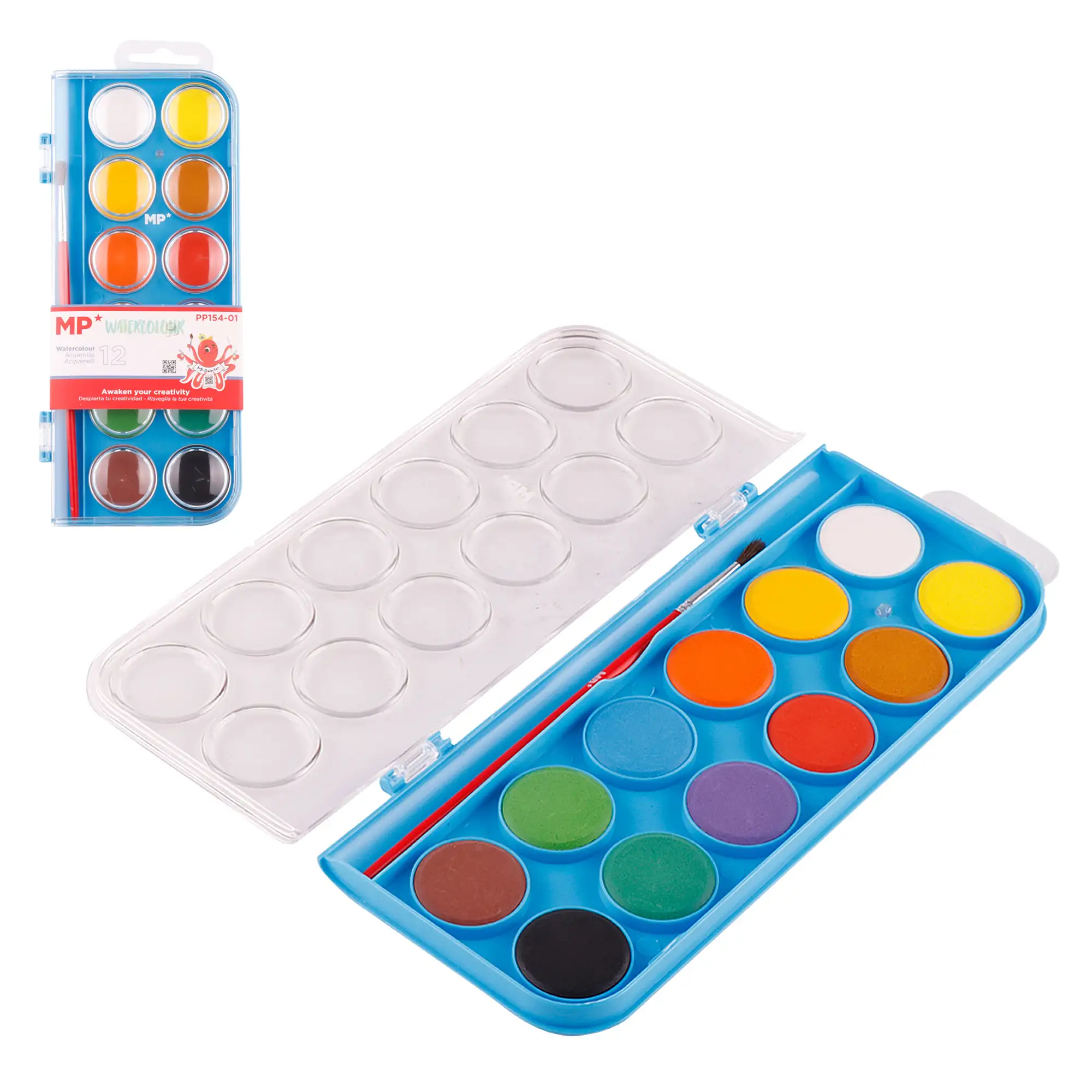 PINTURA ACUARELA 12 COLORES CON POCILLOS PARA MEZCLAR.