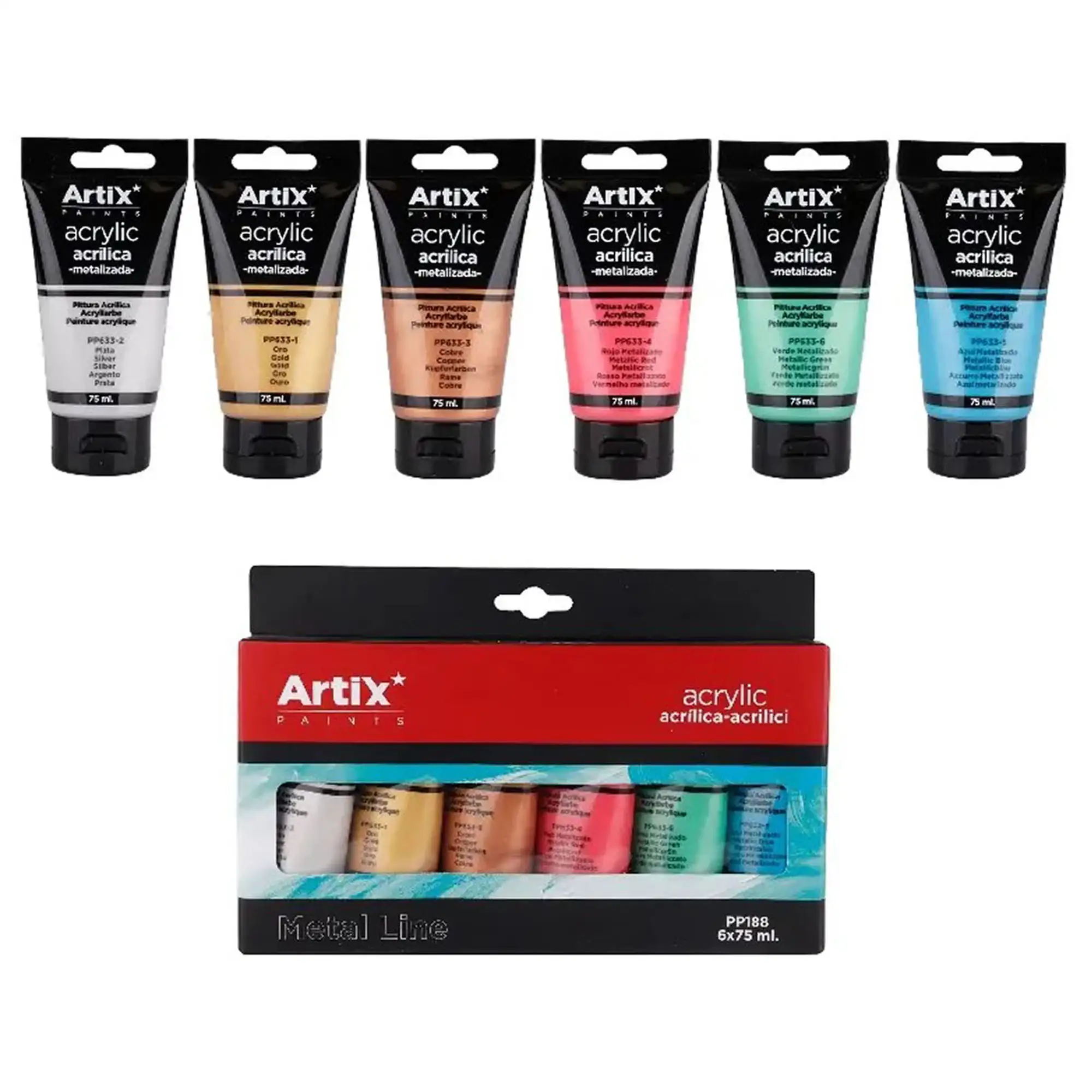 PINTURA ACRÍLICA 6 TUBOS 75 ml METALIZADO