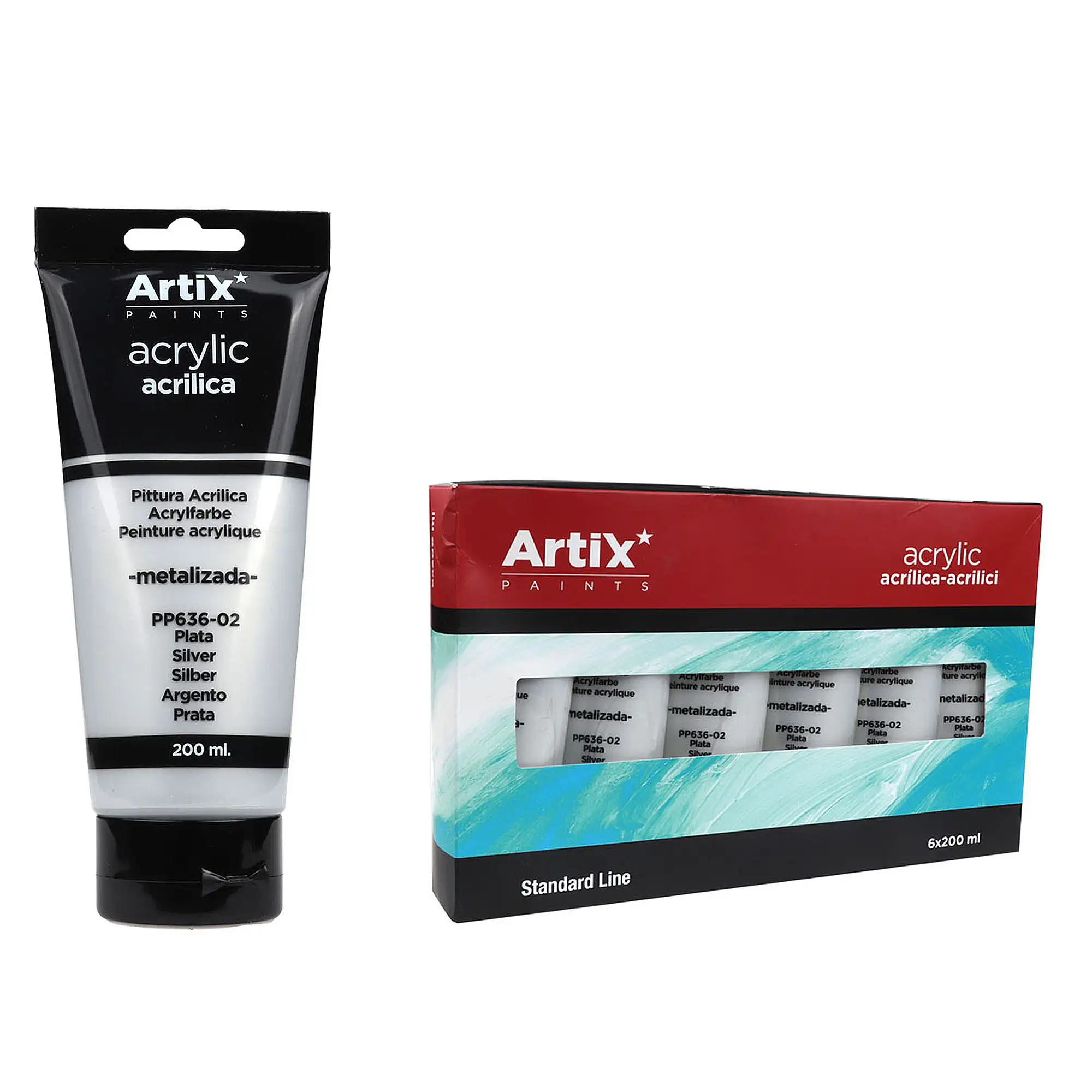 Pack 6 Uds. PINTURA ACRÍLICA TUBO 200 ml PLATA METALIZADO