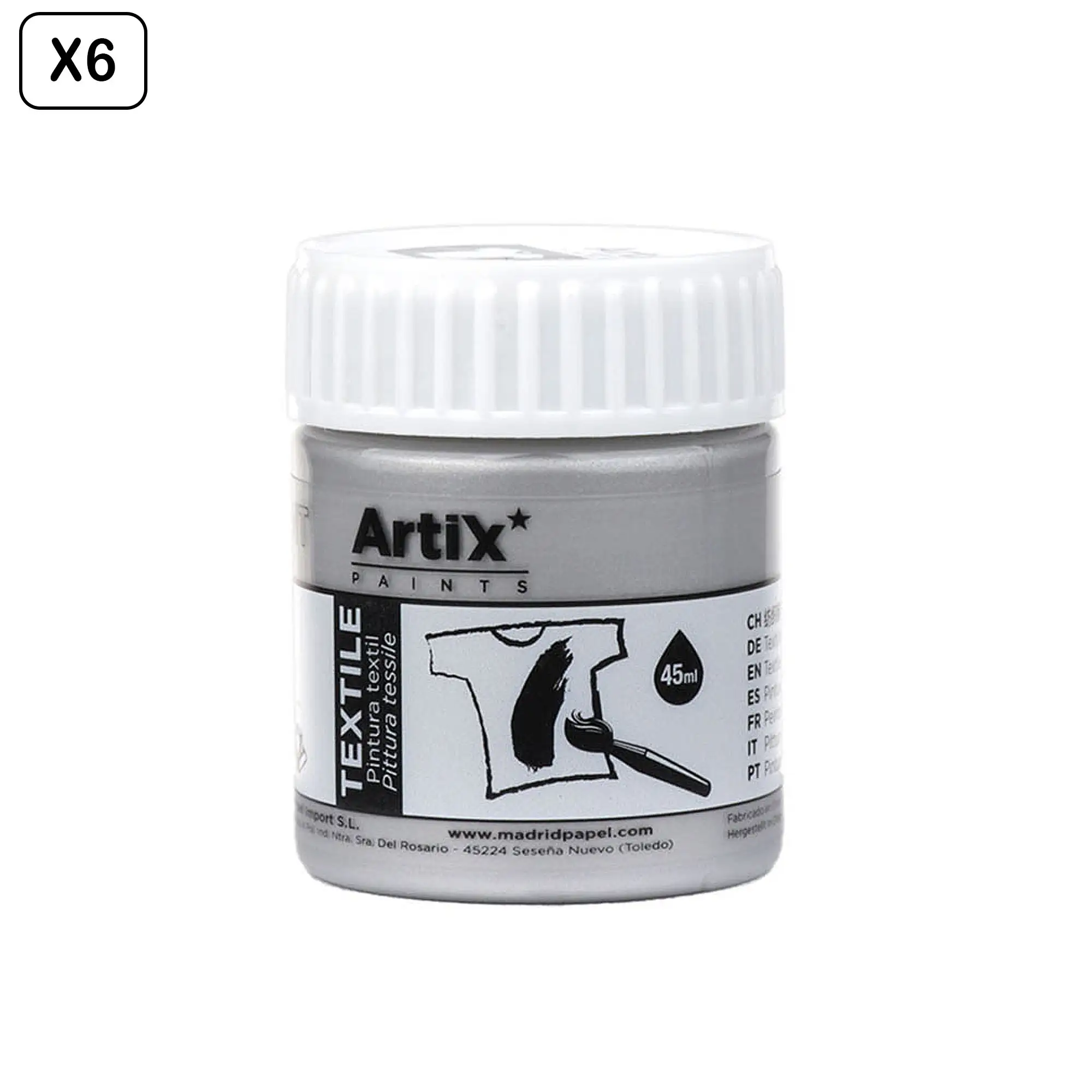 Pack 6 Uds. PINTURA TEXTIL PLATA METALIZADO 45 ml