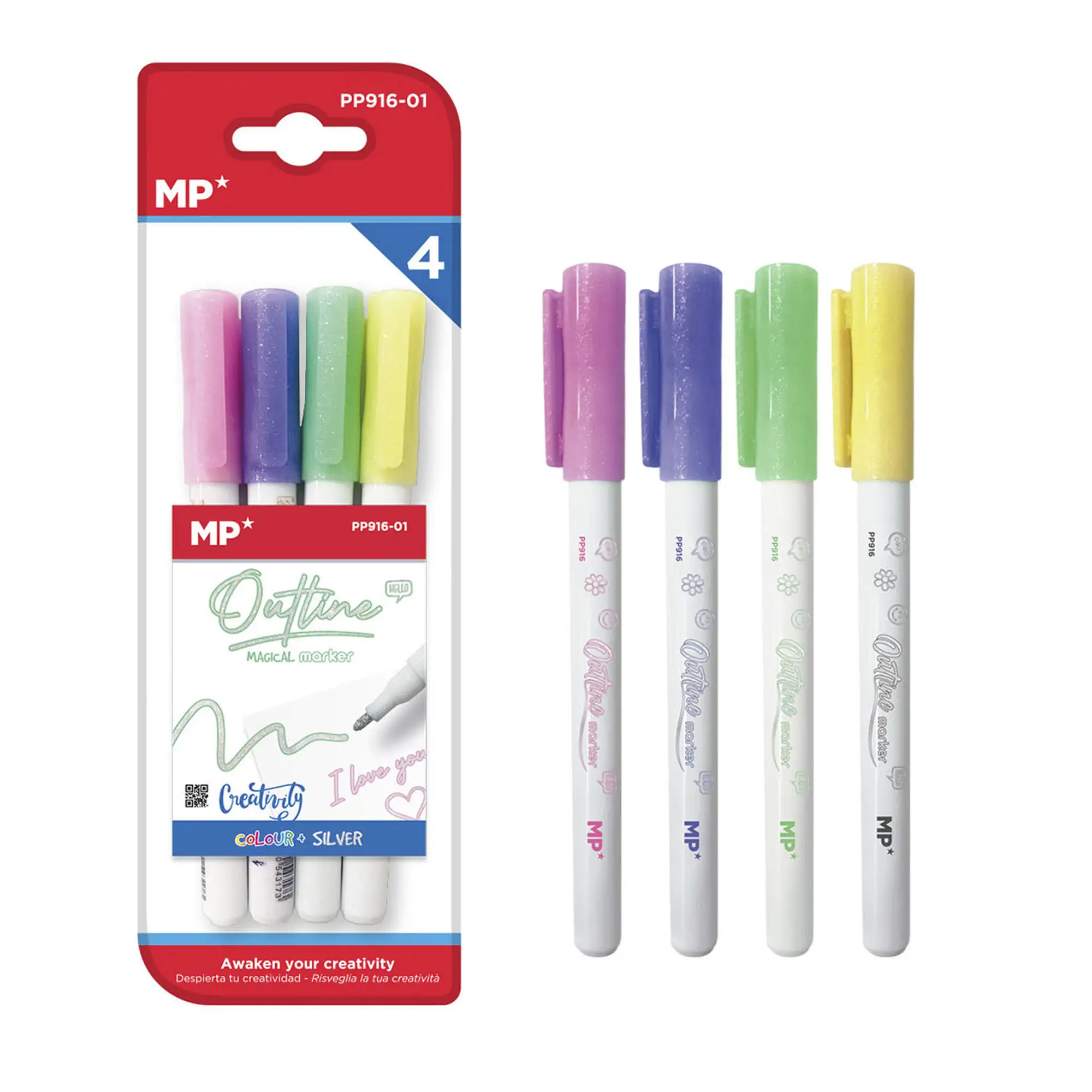 SET 4 PCS ROTULADOR MÁGICO OUT LINER DOBLE LÍNEA. Rosa, lila, verde claro y amarillo pálido.
