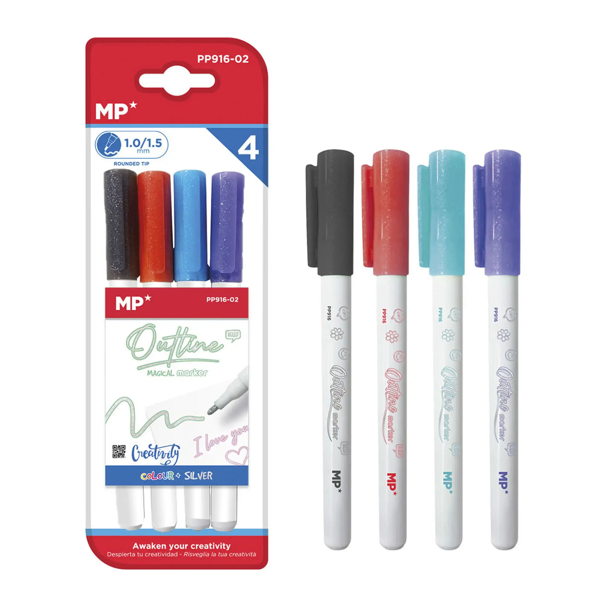SET 4 PCS ROTULADOR MÁGICO OUT LINER DOBLE LÍNEA. Negro, azul, rojo y morado.