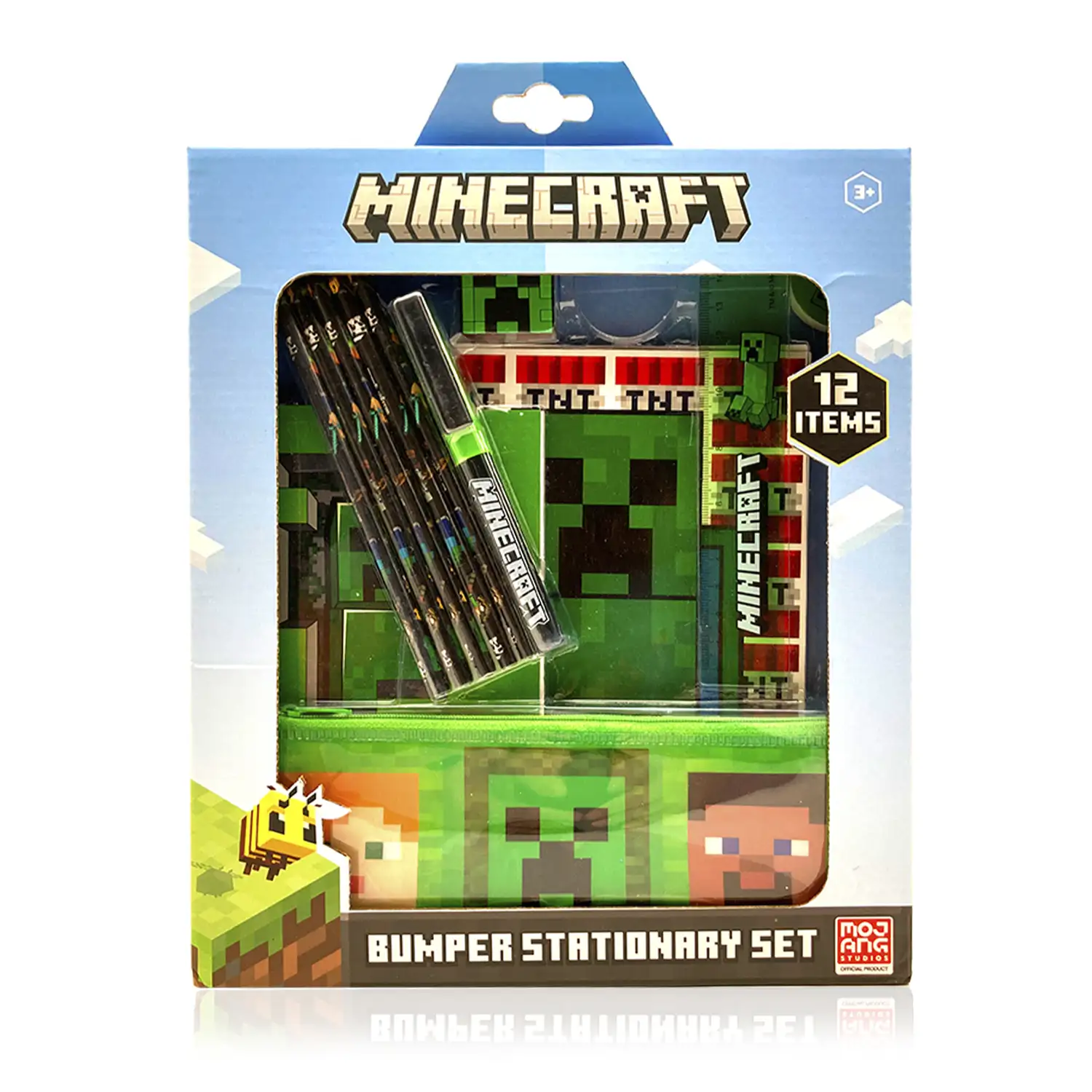 Minecraft Set de Papelería. Libreta A5, libreta, estuche, lápices de color, boligrafo, goma, sacapuntas y regla.
