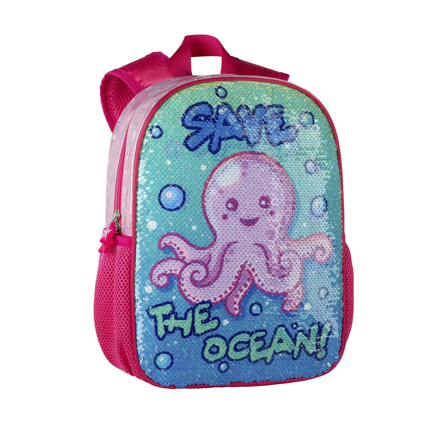 Mochila Infantil y Pre Escolar Guardería, Pulpito Save The Ocean con lentejuelas reversibles.