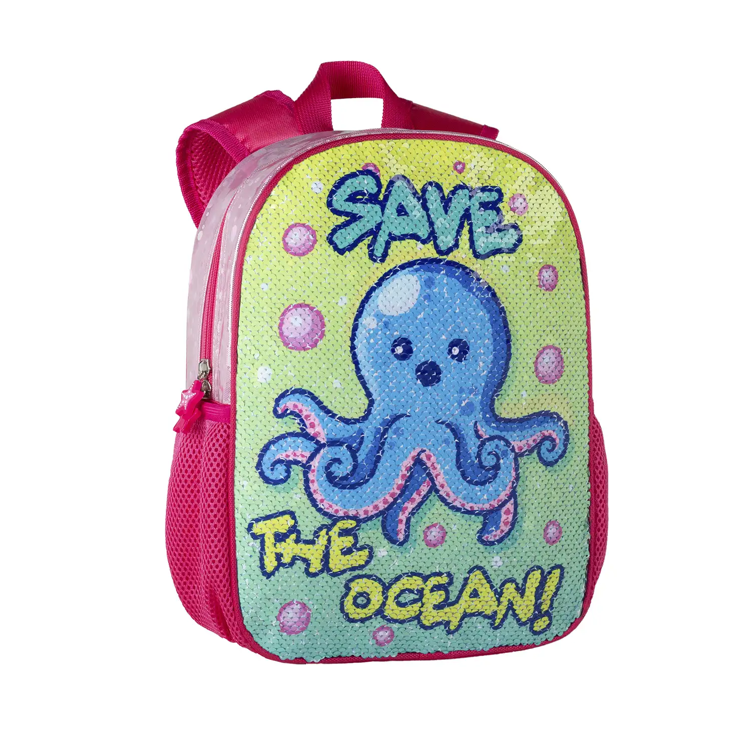Mochila Infantil y Pre Escolar Guardería, Pulpito Save The Ocean con lentejuelas reversibles.