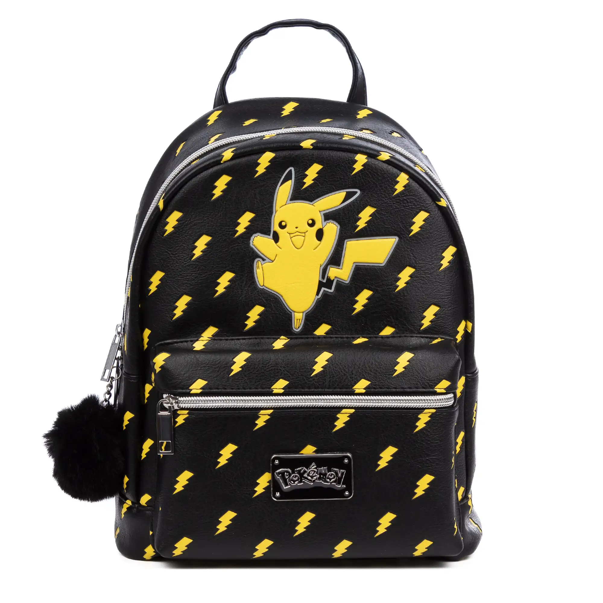 Mochila Negra Pokémon Premium. Espacioso compartimento principal con bolsillo delantero y trasero. Con accesorio pompom. 