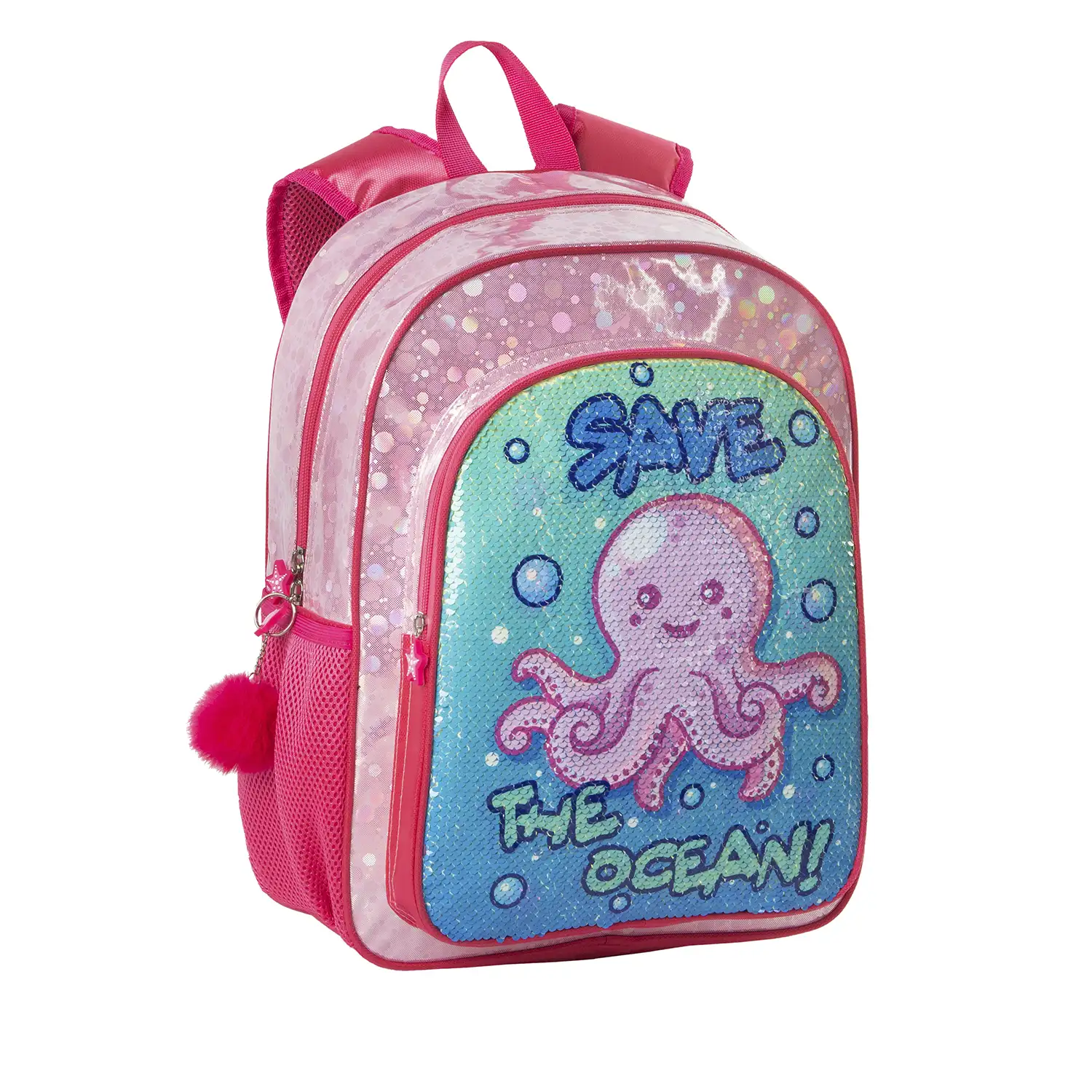 Mochila primaria Pulpito Save The Ocean. Adaptable a carro, con lentejuelas reversibles y accesorio pom-pom.