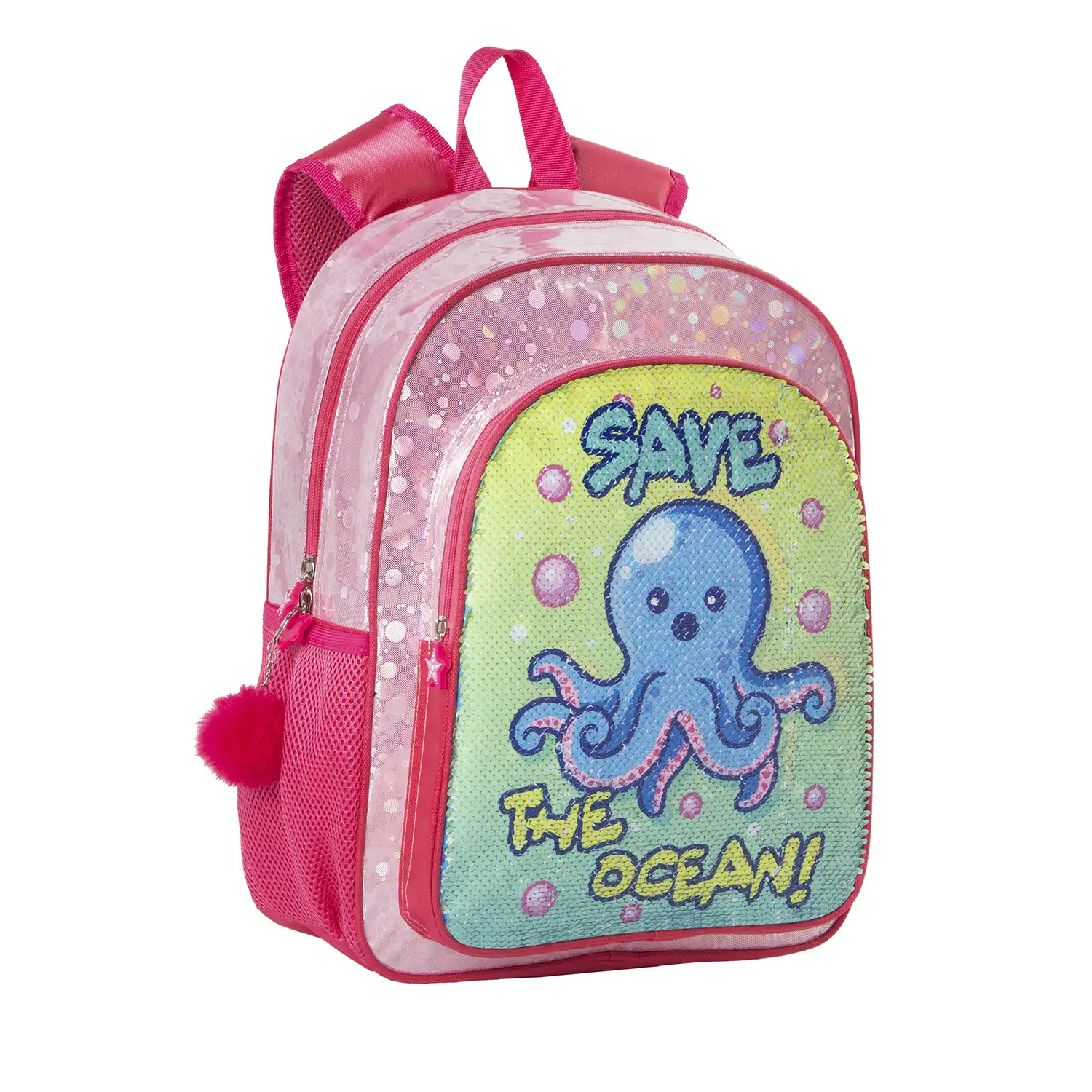 Mochila primaria Pulpito Save The Ocean. Adaptable a carro, con lentejuelas reversibles y accesorio pom-pom.