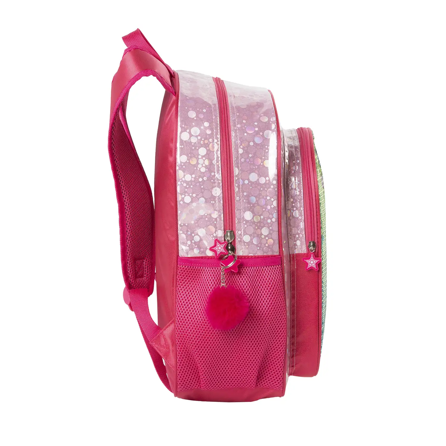 Mochila primaria Pulpito Save The Ocean. Adaptable a carro, con lentejuelas reversibles y accesorio pom-pom.