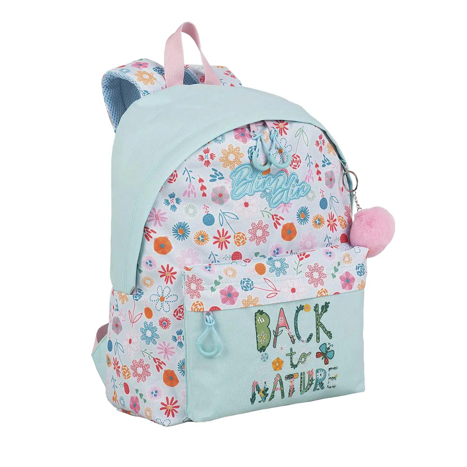 Blin-Blin Back To Nature mochila americano, adaptable a carro. Compartimento portalaptop. Con accesorio pom-pom.