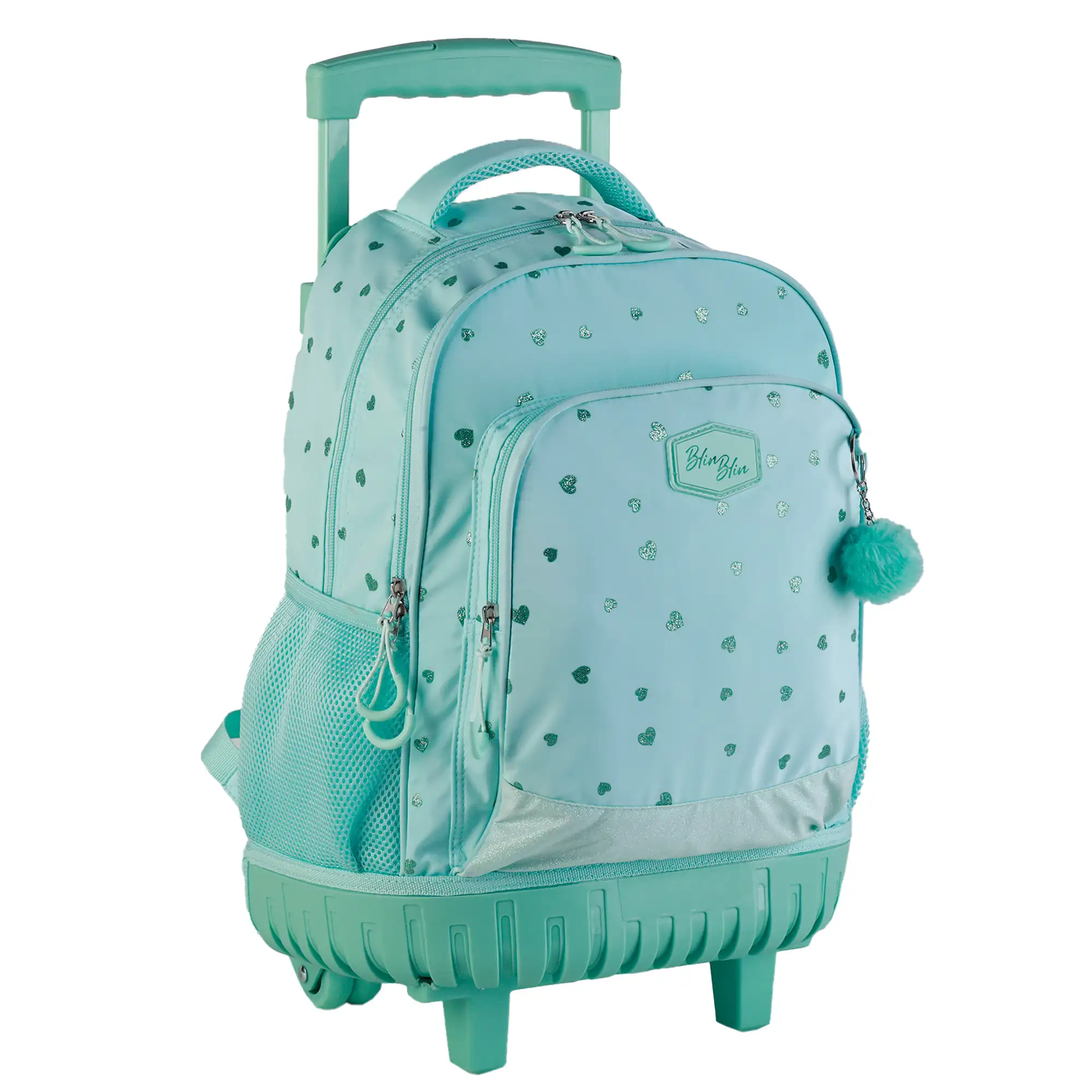 Trolley Fijo Compacto Doble Cuerpo Gran Capacidad Blin-Blin Corazones Menta. CON ACCESORIO POM-POM.