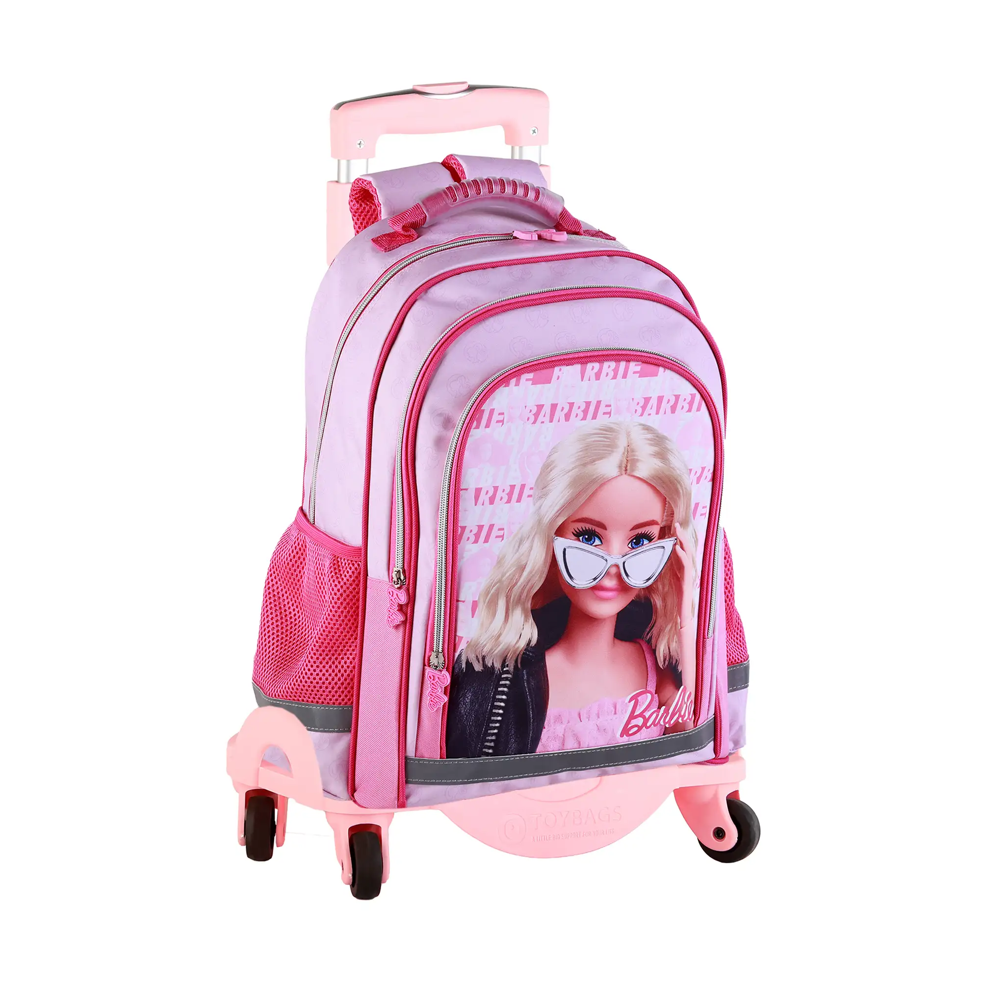 Barbie fashion mochila primaria doble compartimento + carro con protección lateral y stoper frontal, 4 ruedas multidireccionales.