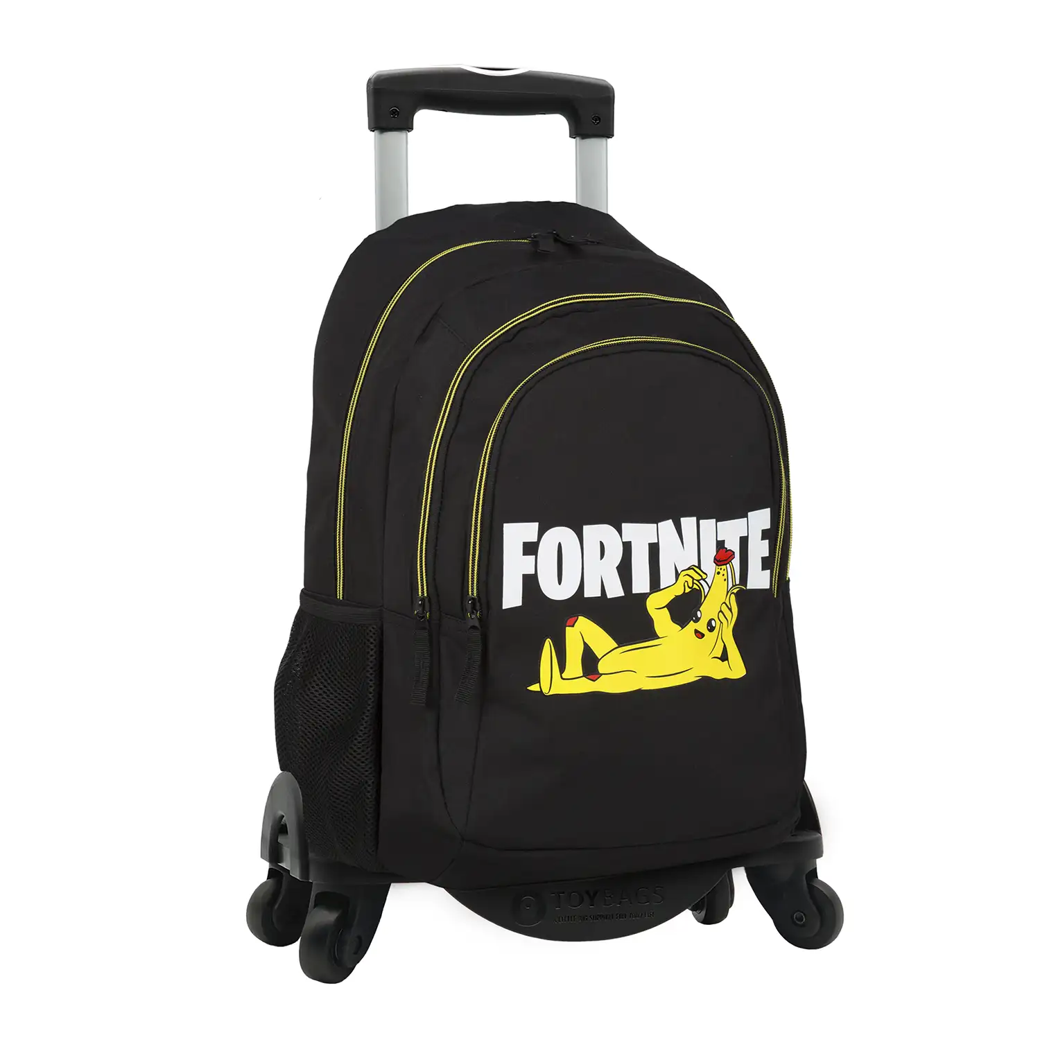 Fortnite Crazy Banana mochila primaria doble compartimento + carro  con protección lateral y stoper frontal, 4 ruedas multidireccionales.