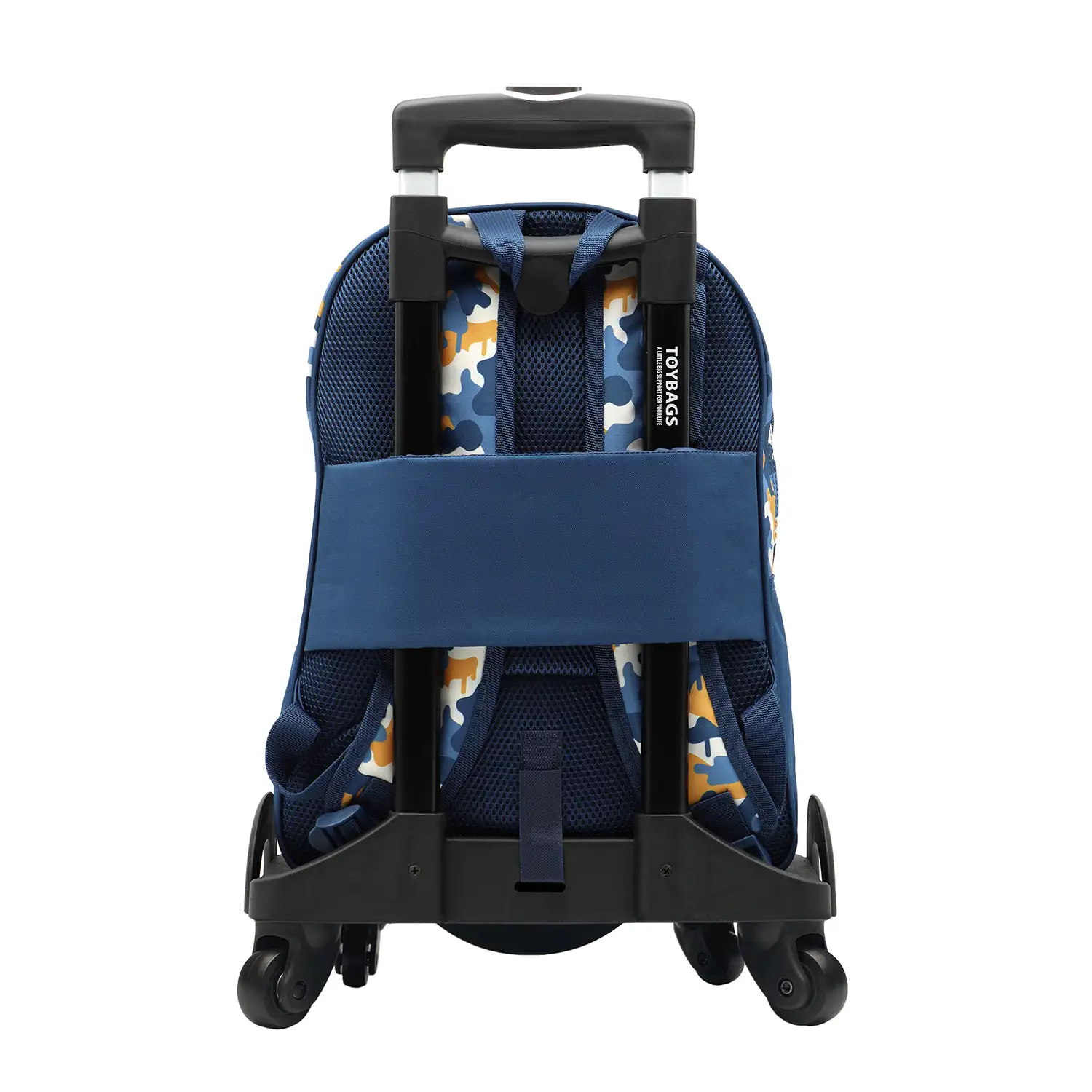 Fortnite Blue Camo mochila primaria doble compartimento + carro con protección lateral y stoper frontal, 4 ruedas multidireccionales.